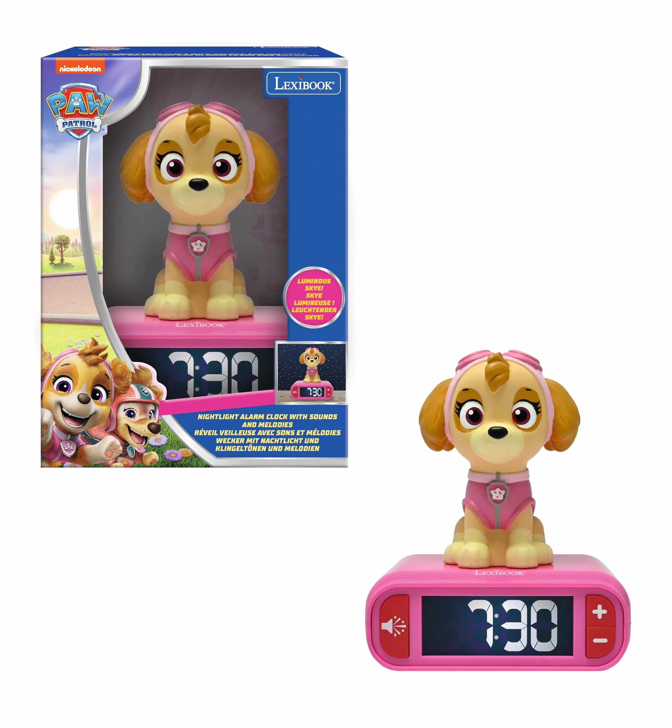 Lexibook PAW Patrol budzik nocny z dźwiękami i melodiami, podświetlany ekran LCD, różowy