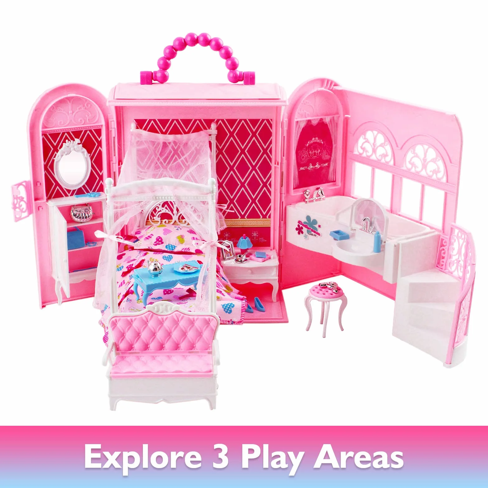 deAO Przenośne pudełko 2 w 1 i pokój dla lalek Princess Deluxe z meblami (lalka nie jest dołączona)