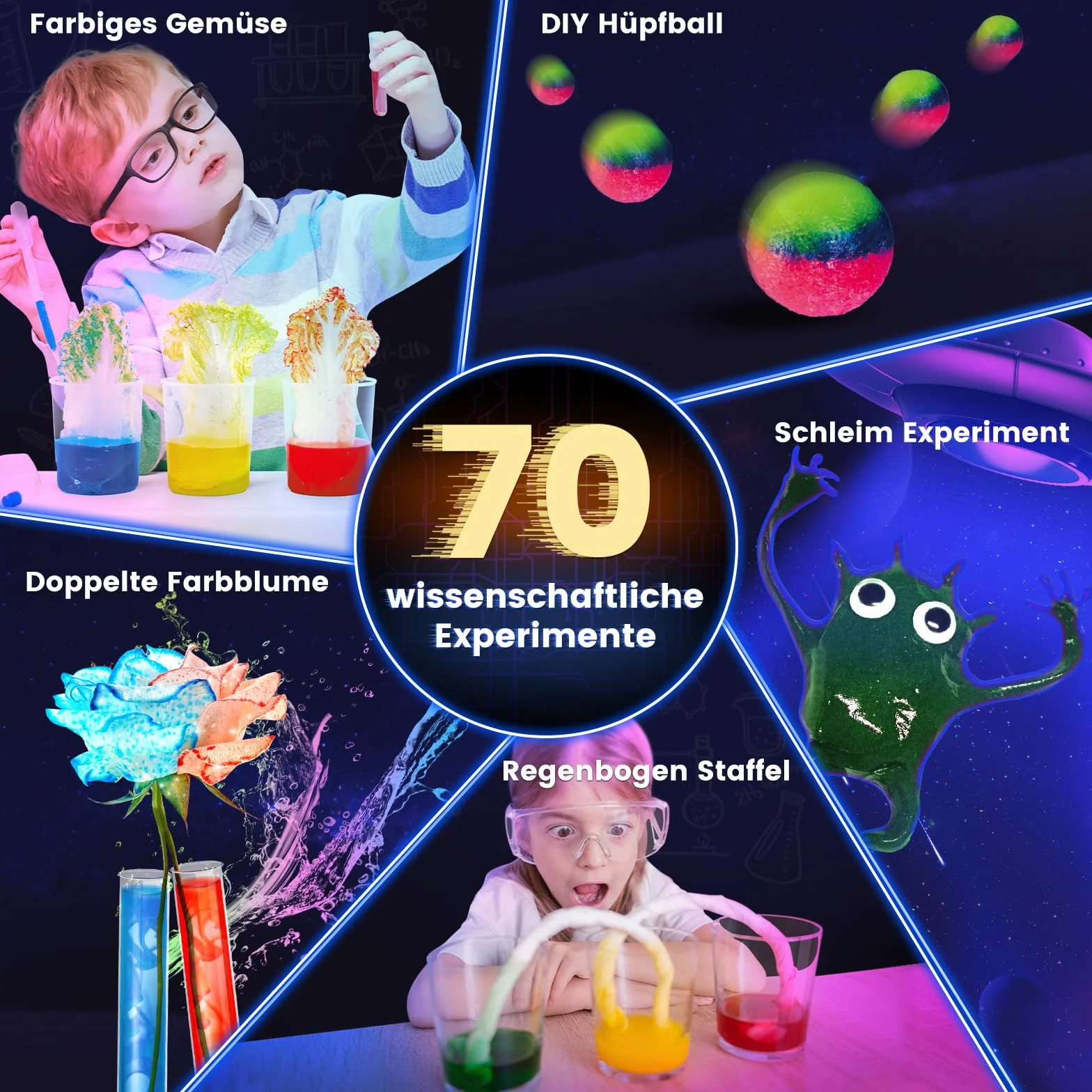 Japace Zestaw 70 eksperymentów dla dzieci, laboratorium STEM, zestaw chemiczny, hodowla kryształów, wulkan, gumowa piłka