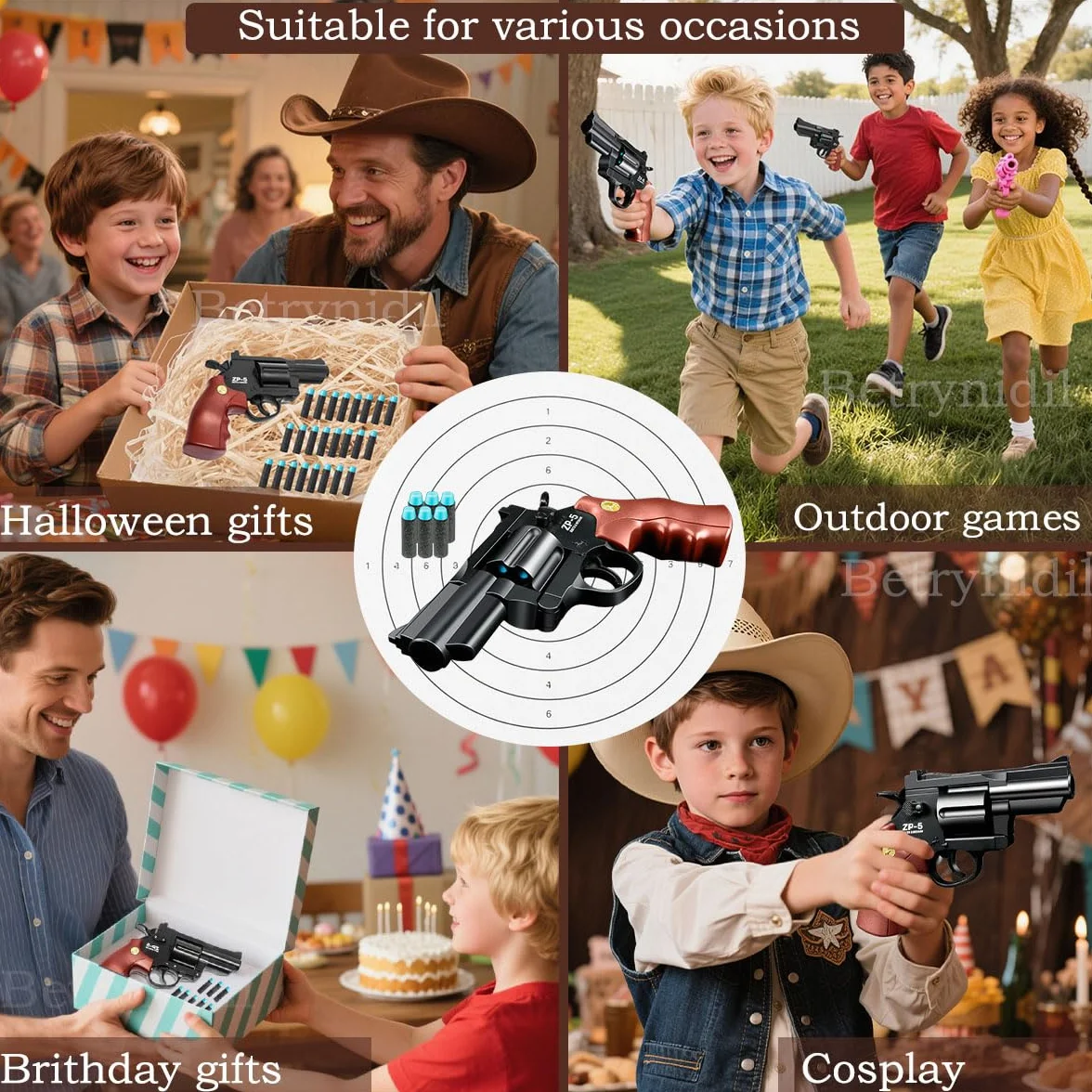 Zabawkowy pistolet dla dzieci, rewolwer, pistolet zabawkowy, pistolet piankowy, od 8 + z 24 piankowymi kulkami na Halloween, karnawał, prezent, akcesoria do kostiumu