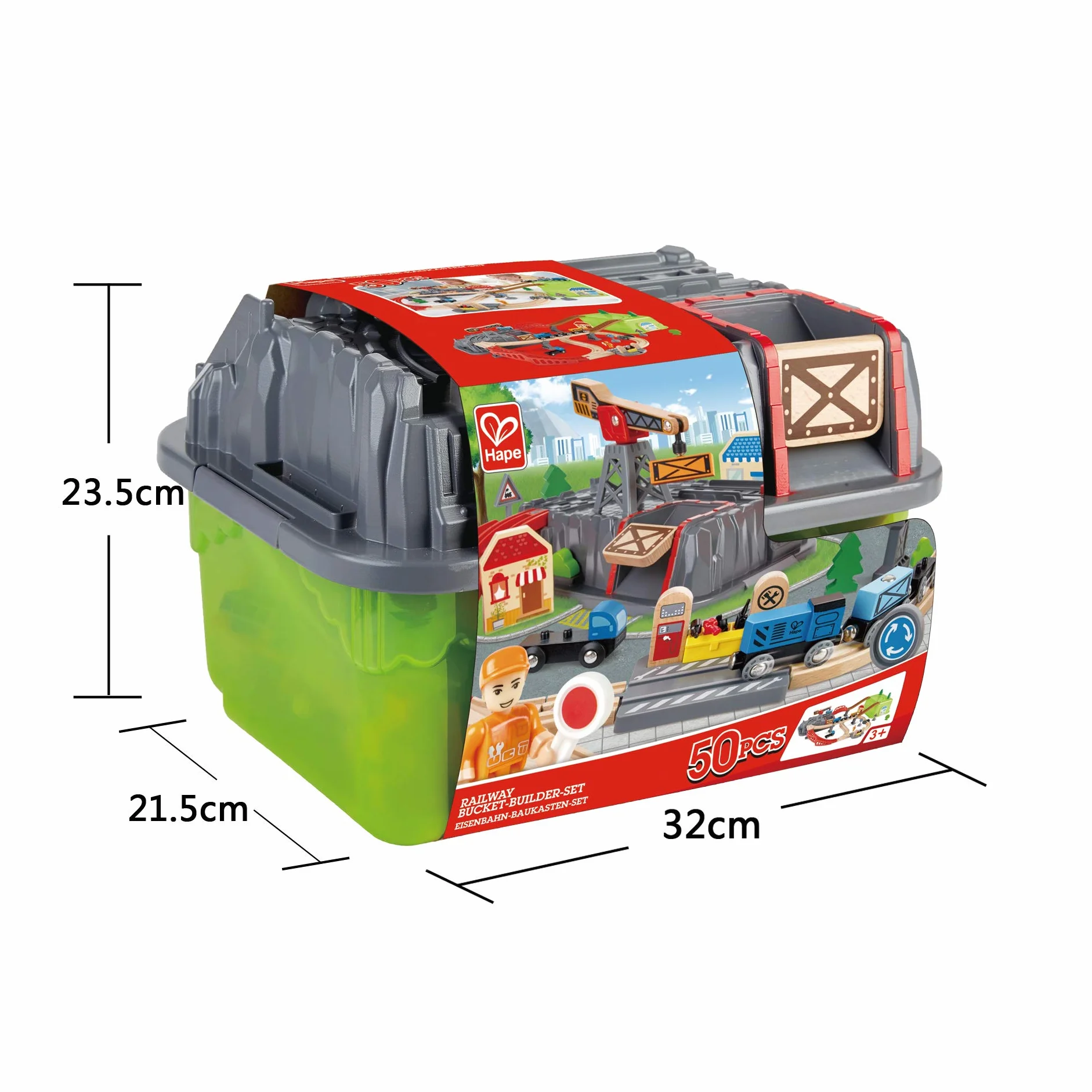 Hape Sustainable Wood Toy Train Railway Bucket 50-Piece Builder Set