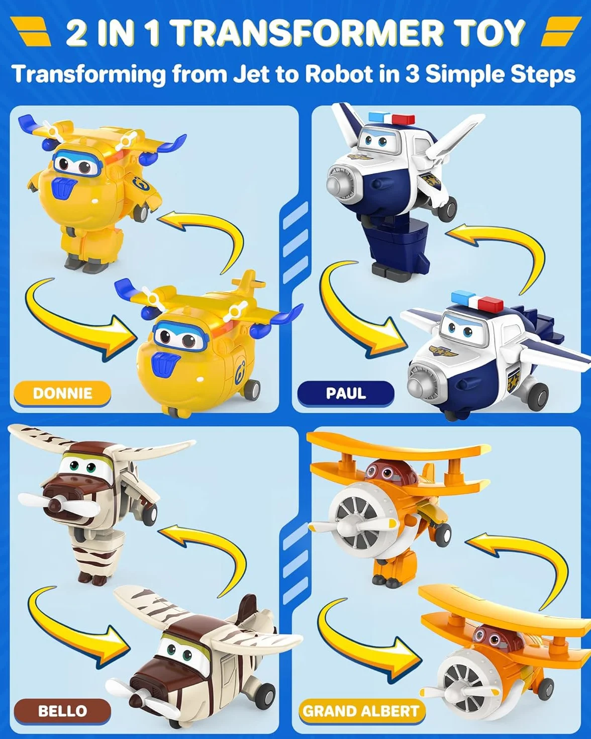 SUPER WINGS - WORLD AIRPORT CREW - 8-PART TRANSFORM-A-BOTS SET + figurki PVC x7 - Transformowalne zabawkowe samoloty i figurki robotów z 1 sezonu serialu animowanego Super Wings.