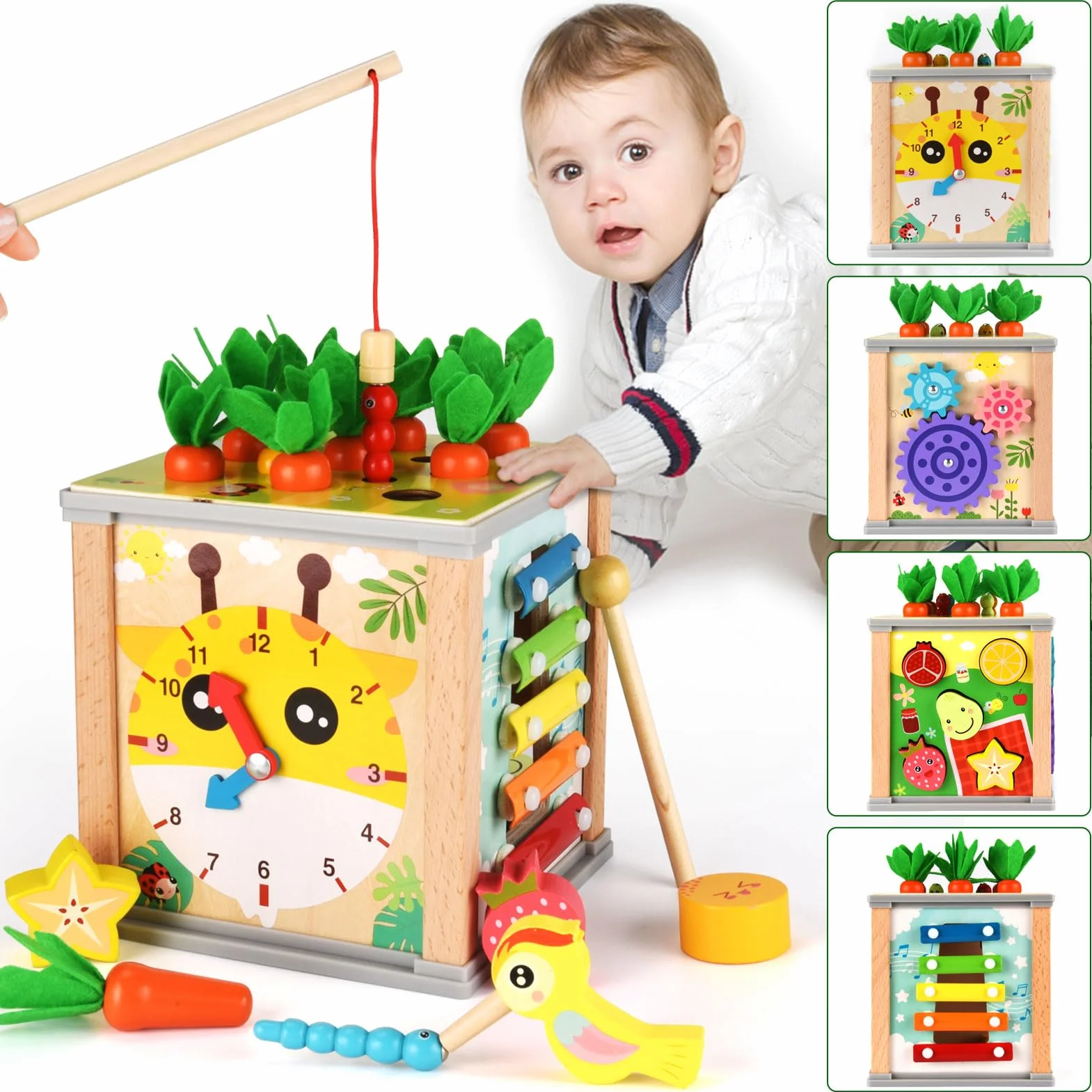 Kostka aktywności dla niemowląt 1 rok, 7 w 1 kostka, interaktywne gry dla niemowląt, drewniana zabawka sensoryczna, edukacyjna kostka aktywności, zabawka Montessori, prezent na Boże Narodzenie,