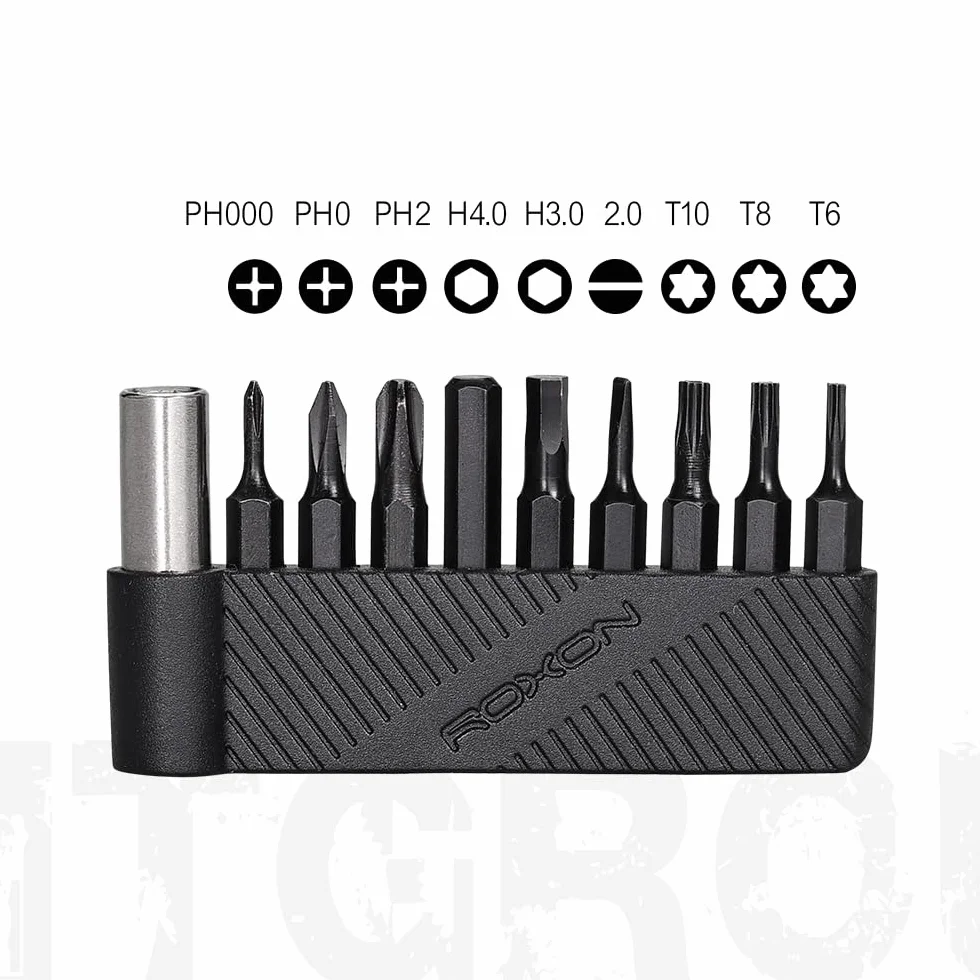 ROXON 9-częściowy zestaw bitów z rozszerzonym uchwytem magnetycznym do dostosowania bitów do Roxon KS2E, H1, S802S, S803E, M2, M3, S504G; różne rozmiary śrubokrętów T8 T6 T10 PH0 PH2
