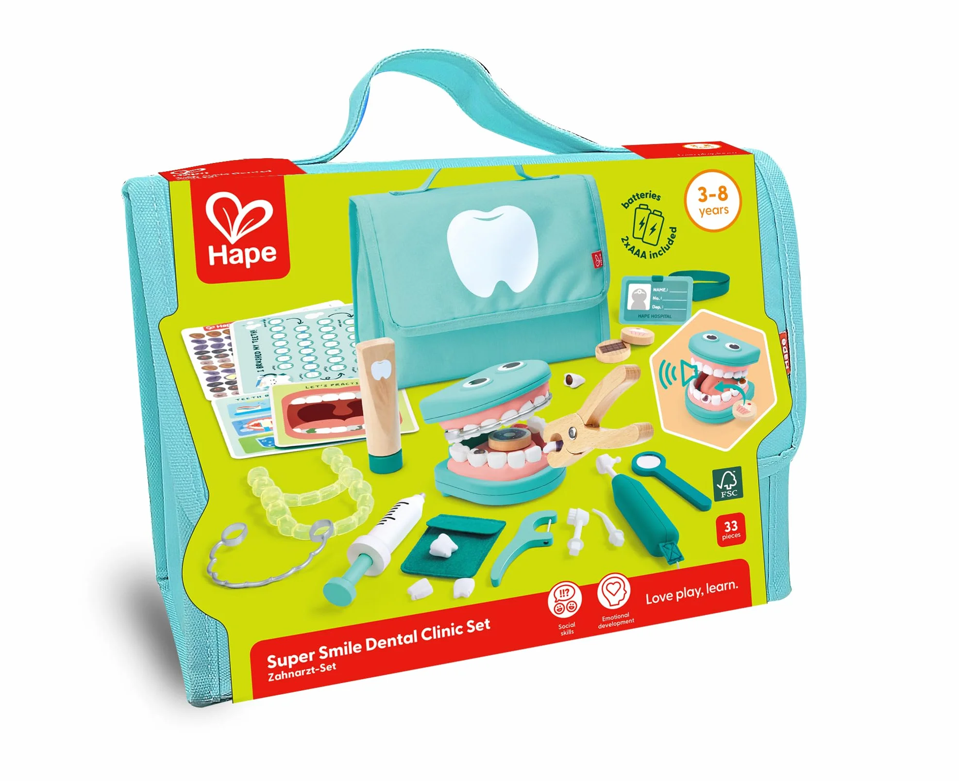 Hape Zestaw dentystyczny, zestaw do odgrywania ról dla dzieci, gra edukacyjna z realistycznymi narzędziami