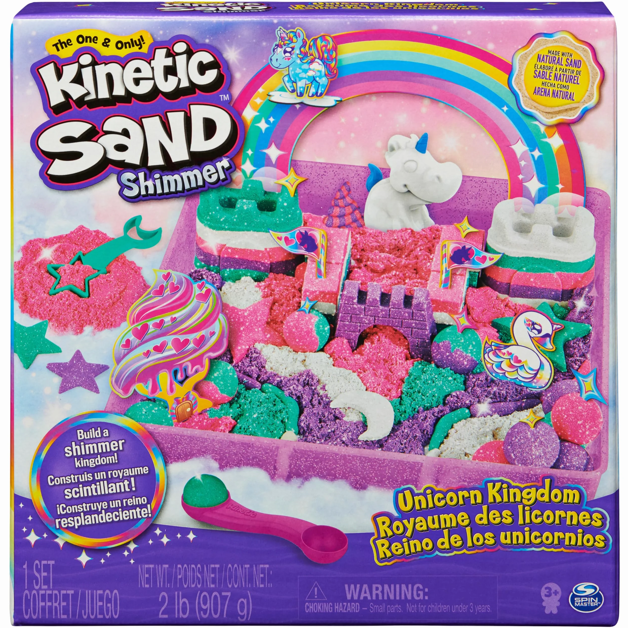 KINETIC SAND MAGIC SAS - KRÓLESTWO Jednorożców 907 G + 8 foremek - Twórz różne hipnotyzujące kształty dzięki temu magicznemu i kolorowemu piaskowi przypominającemu pastę modelarską - Zabawka dla