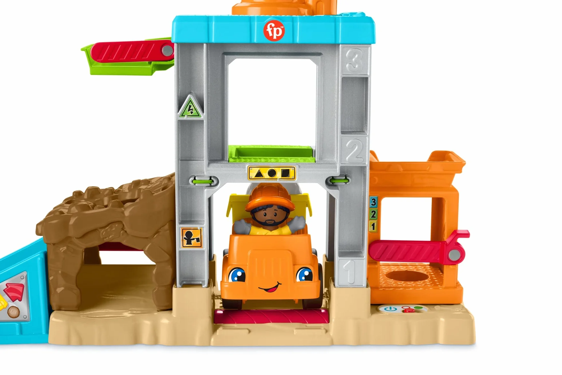 Fisher-Price Little People Plac budowy Zestaw z dźwiękiem, muzyczny zestaw do zabawy z wywrotką i 2 figurkami, dla przedszkolaków i młodszych dzieci, HCJ64