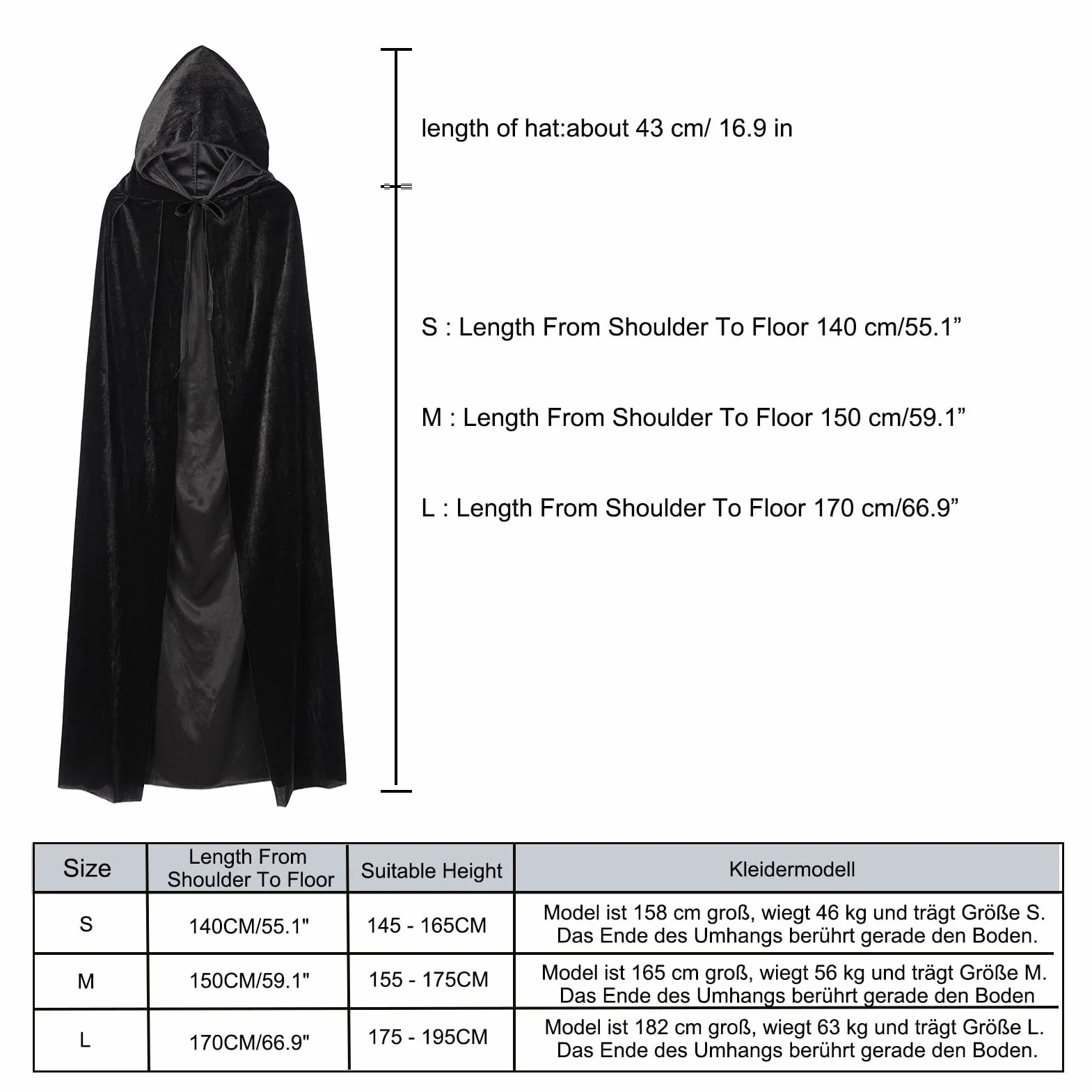 3-częściowy zestaw czarnych peleryn z kapturem, 140/150/170 cm, peleryna na Halloween, aksamitna peleryna z maską i gotyckim łańcuszkiem na palec, wampira, wampir, kostium wampira, na imprezę