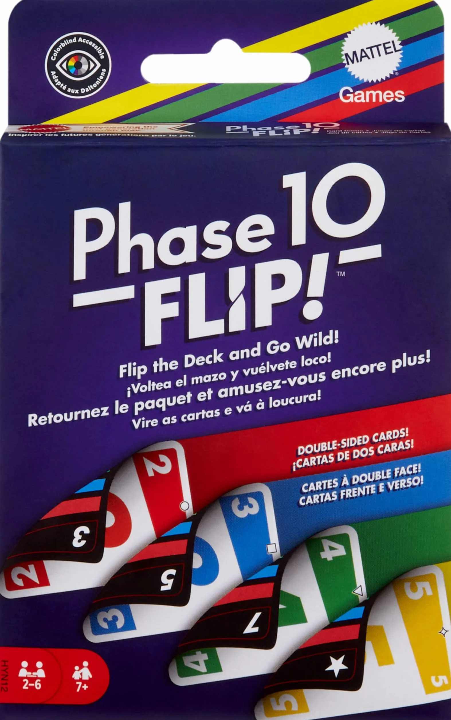 Mattel Games Gra karciana Phase 10 Flip, gra karciana dla całej rodziny z kartami drukowanymi po obu stronach, ze specjalnymi kolorowymi fazami dla 2 do 6 graczy, HYN12