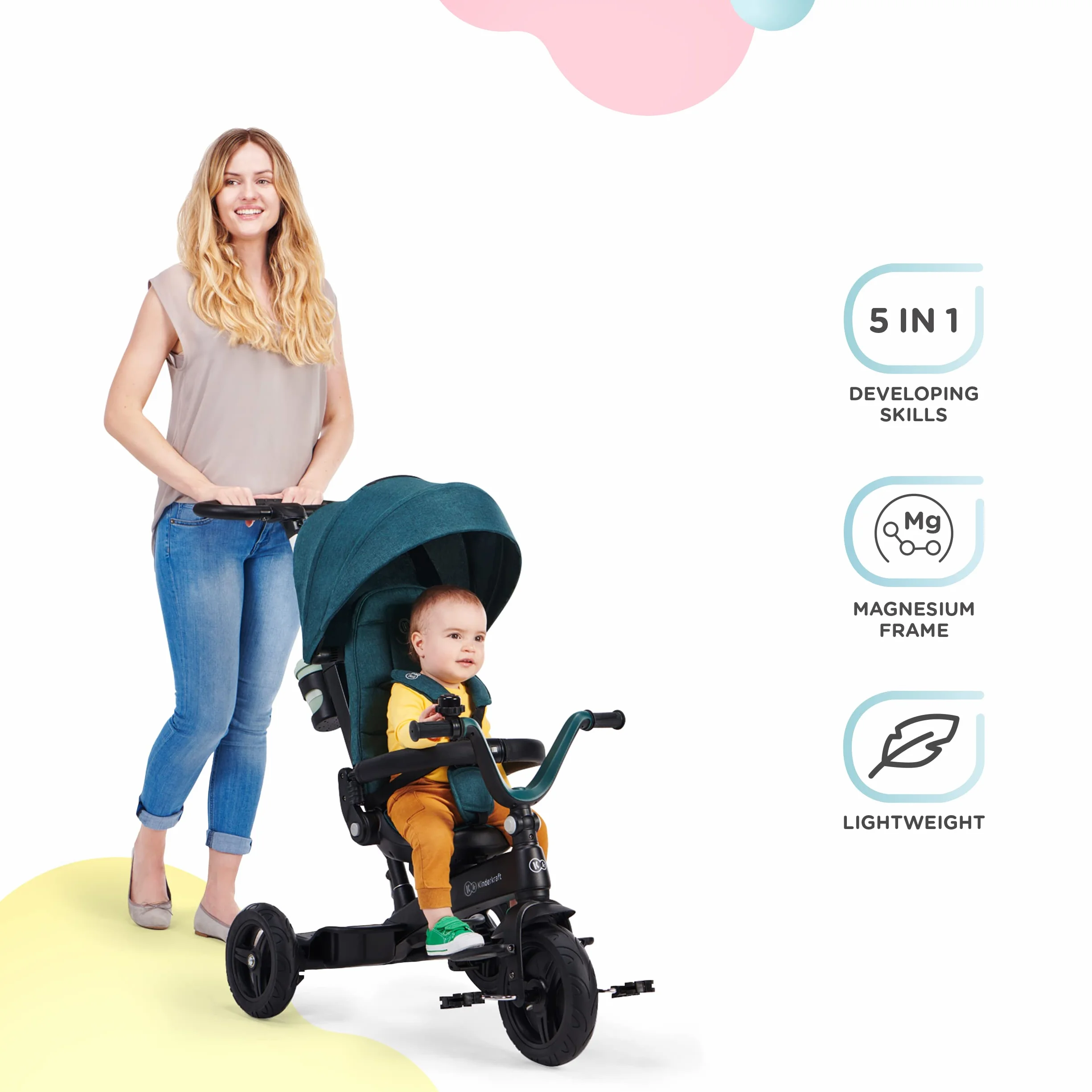 Kinderkraft Rowerek trójkołowy 5w1 TWIPPER, Trójkołowiec, Obrotowe siedzisko 360°, Wolne koło, Daszek przeciwsłoneczny, Akcesoria, Dzwonek, Uchwyt na kubek, od 6 Miesięcy do 5 lat, Różowy
