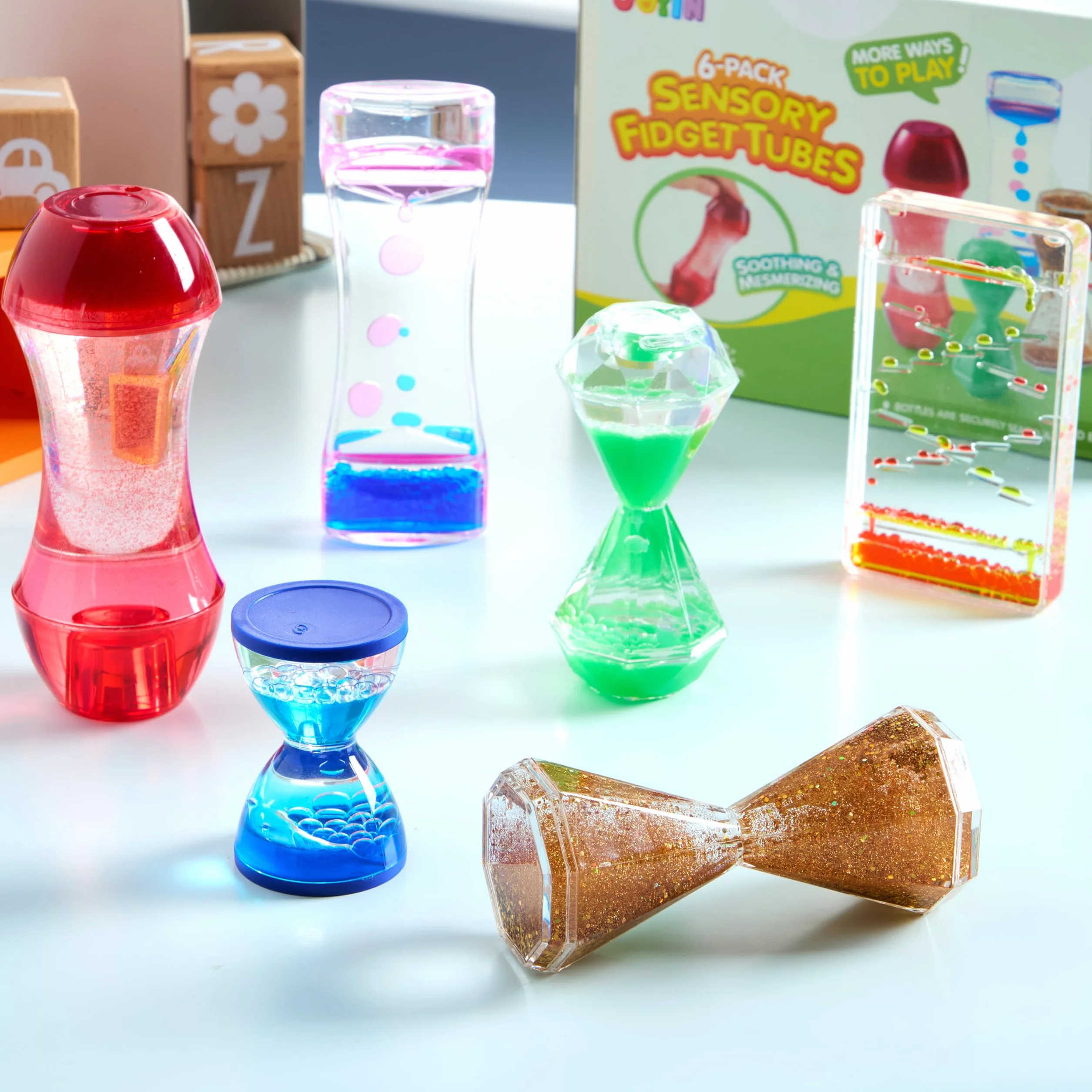JOYIN 6 szt. sensoryczne zabawki Fidget Tubes dla dzieci z autyzmem, kojące butelki sensoryczne z wodą