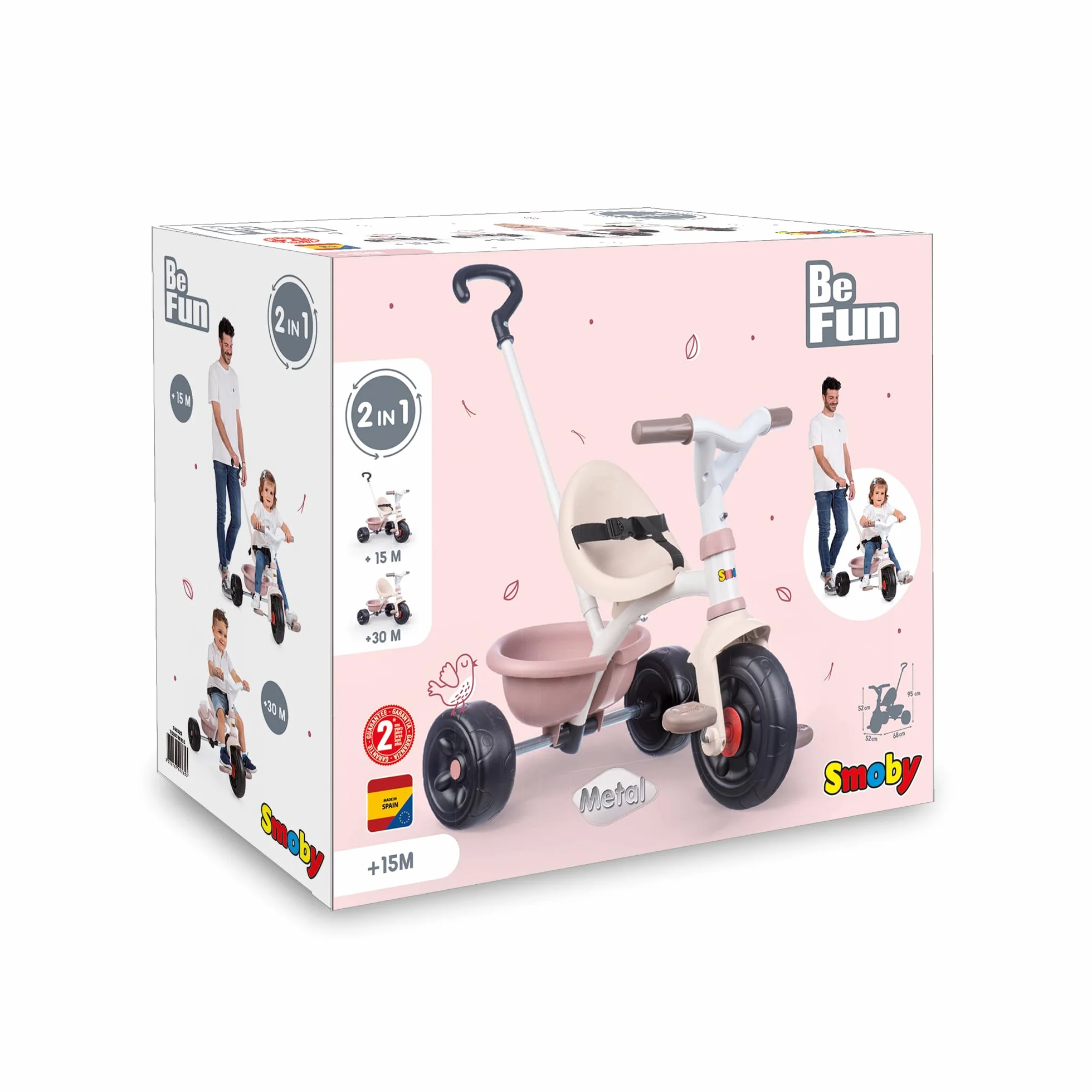 Smoby - Be Fun Pink Tricycle - Regulowana laska dla rodzica do 95 cm i zdejmowana - Pas bezpieczeństwa - Od 15 miesięcy - Wyprodukowano w Hiszpanii