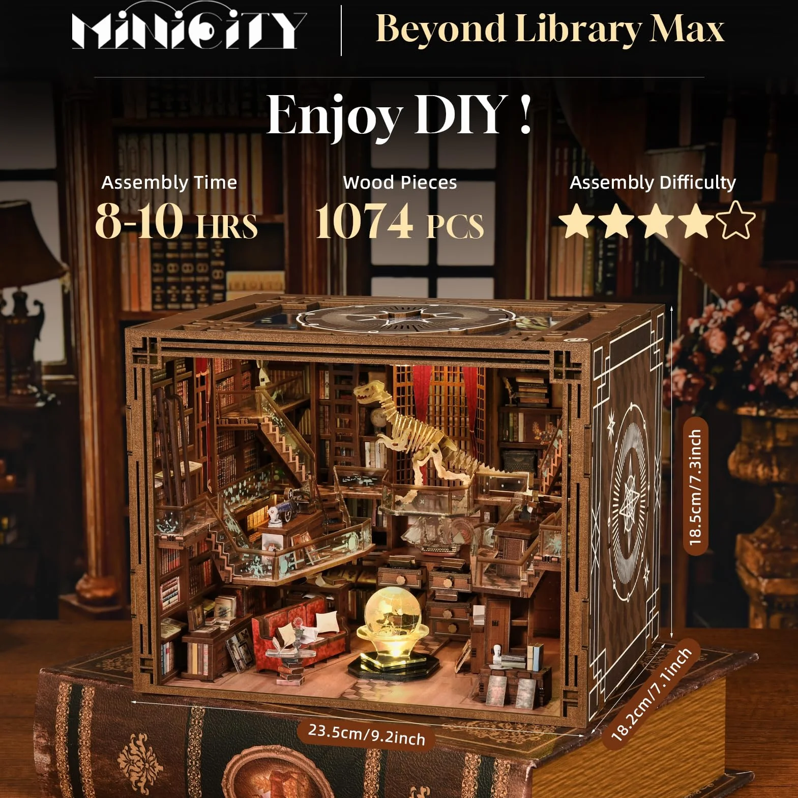 MiniCity Zestaw Book Nook, miniaturowy domek dla lalek 3D DIY, drewniane puzzle 3D, z dekoracją, ze światłem LED, dla nastolatków i dorosłych (Beyond Library Max)
