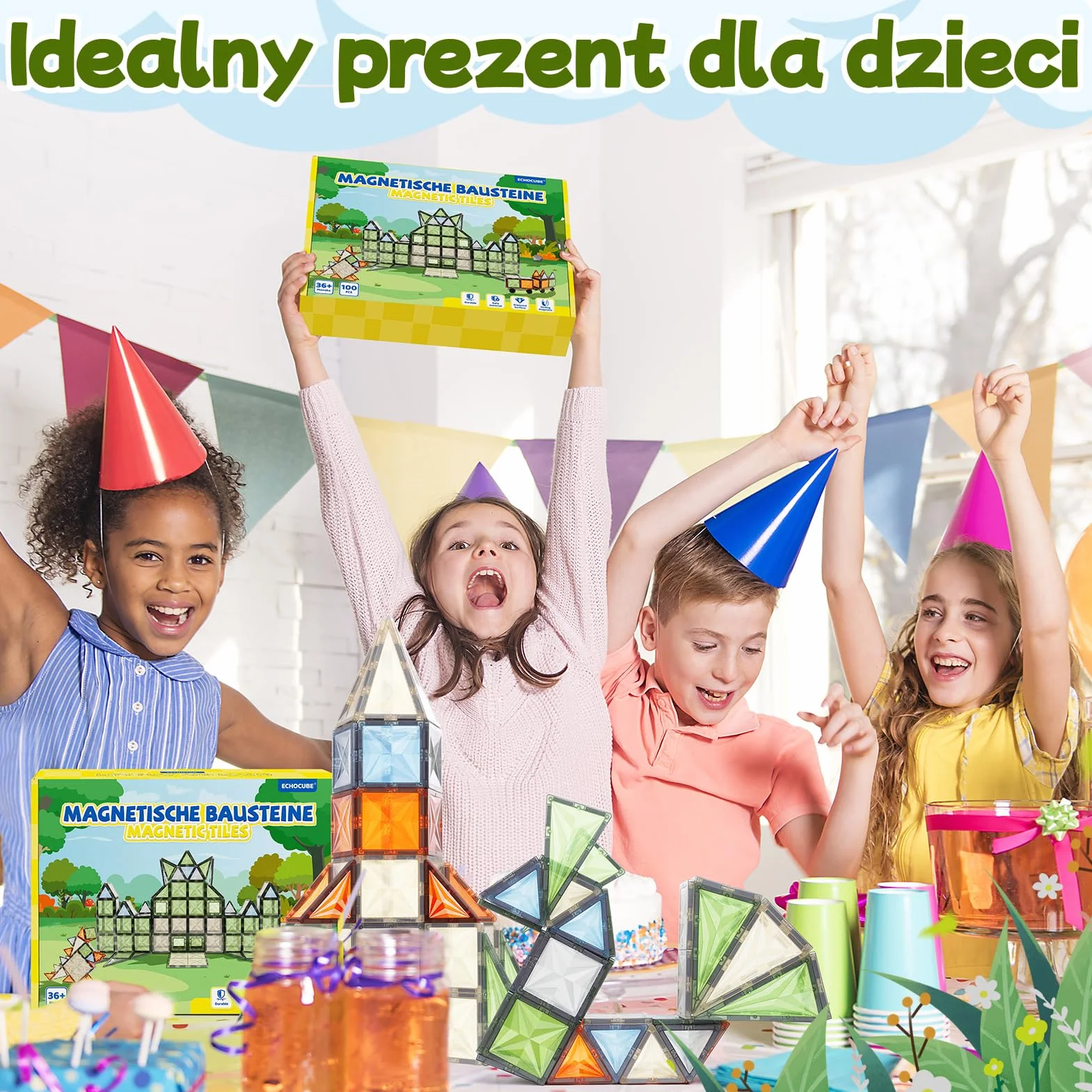 Magnetyczne Klocki Budowlane 100 Elementów z Pojazdami Edukacyjne dla Dzieci od 3 Lat