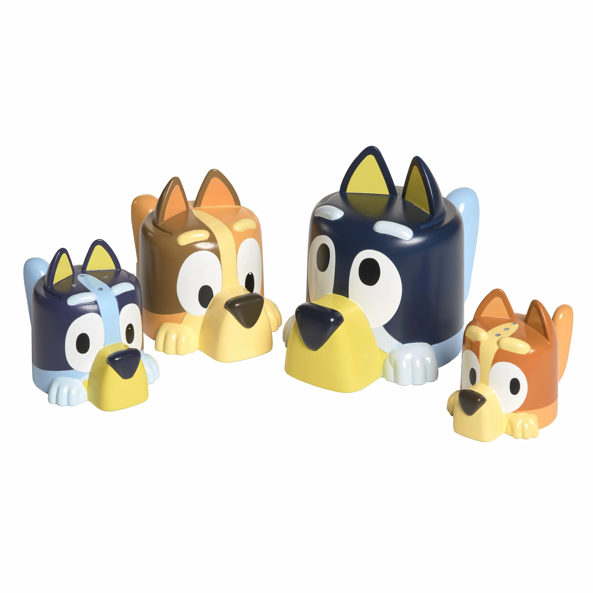 Tomy Toomies Rodzinne kubki do spania Bluey z Chilli, Bandit, Bingo i Bluey - Kubki do kąpieli i do układania w stosy - oficjalnie licencjonowane Bluey - zabawki do kąpieli dla niemowląt na 18