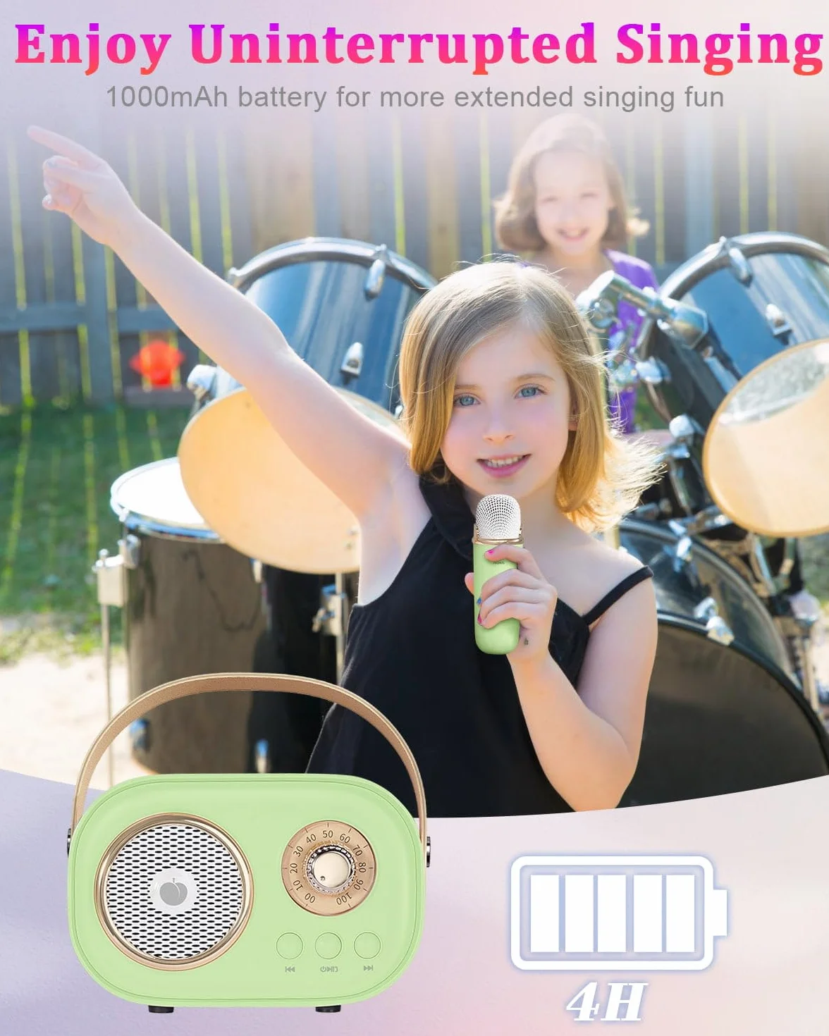 PRUNUS Maszyna do karaoke z zestawem mini mikrofonu, przenośny głośnik Bluetooth, bezprzewodowy mikrofon, wzmocniony bas