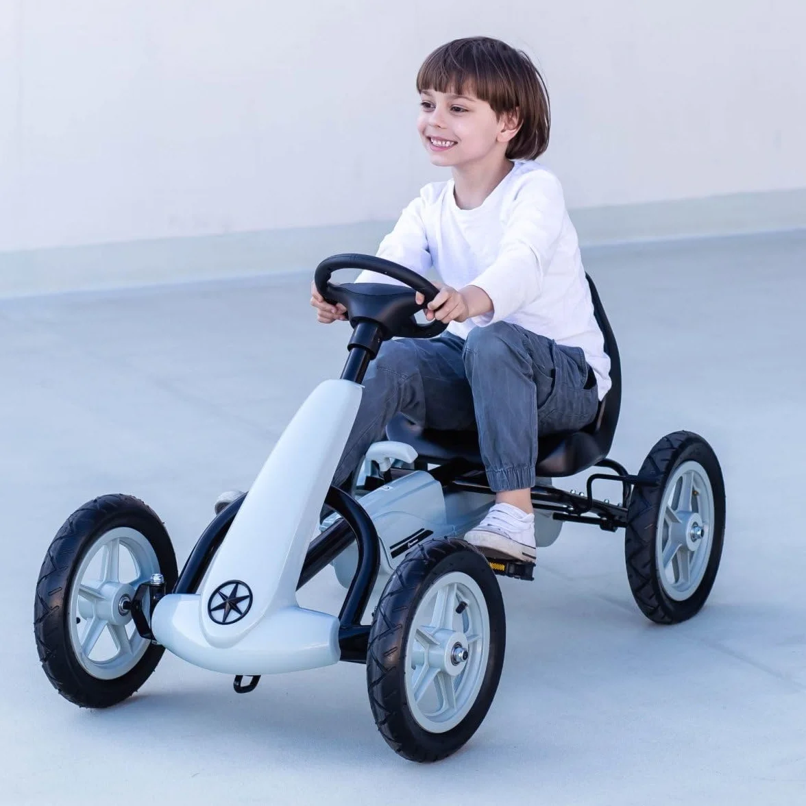 HyperMotion Go-Kart na Pedały dla Dzieci EVOQUE, Gokart z Trzema Trybami Jazdy dla Dziecka 5-8 Lat, Auto dla Dziecka, Samochód Dziecięcy od 5 Lat, Waga do 50 kg, Szary