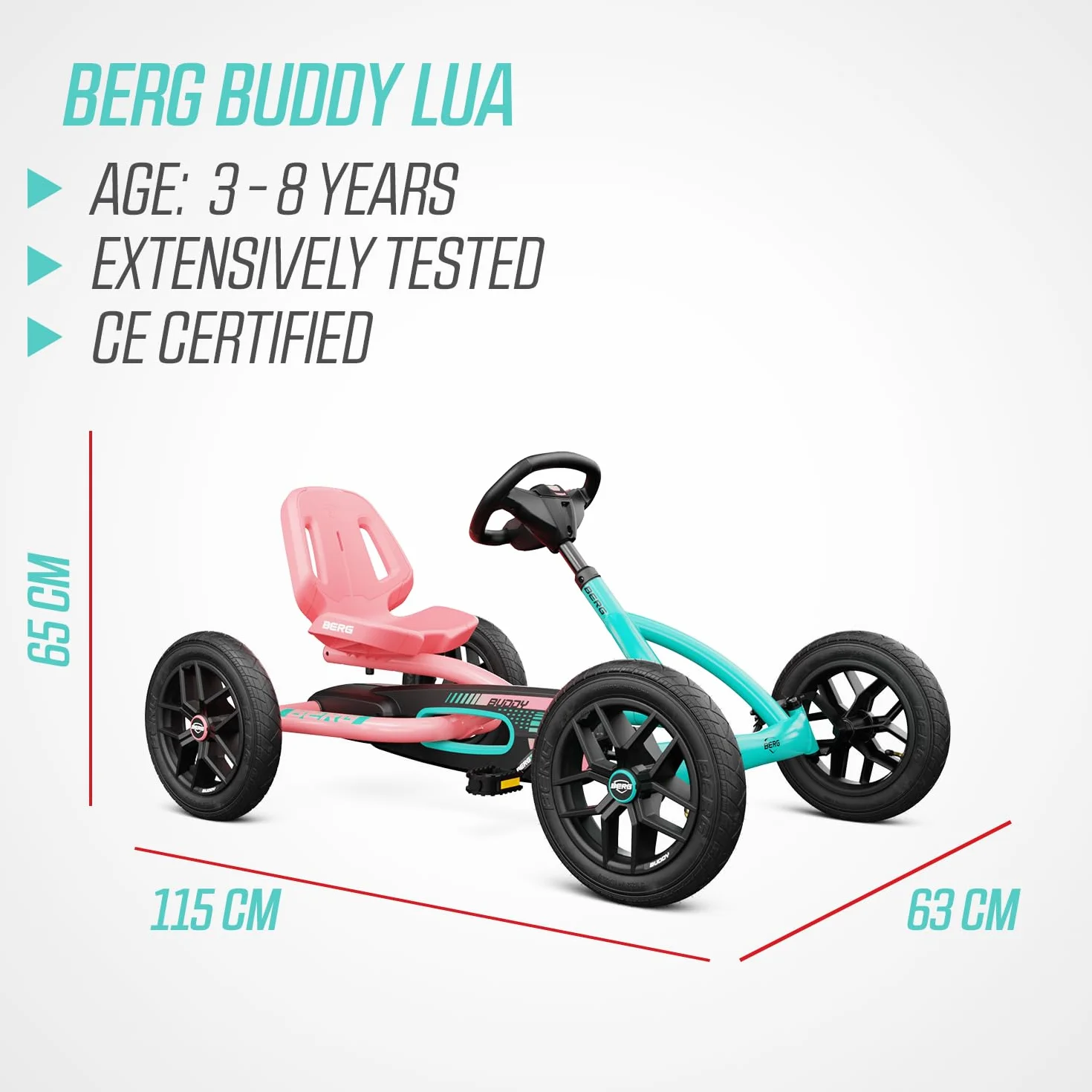 BERG Gokart Buddy Lua dla dzieci, różowy, opony pneumatyczne, wolny bieg, 3-8 lat