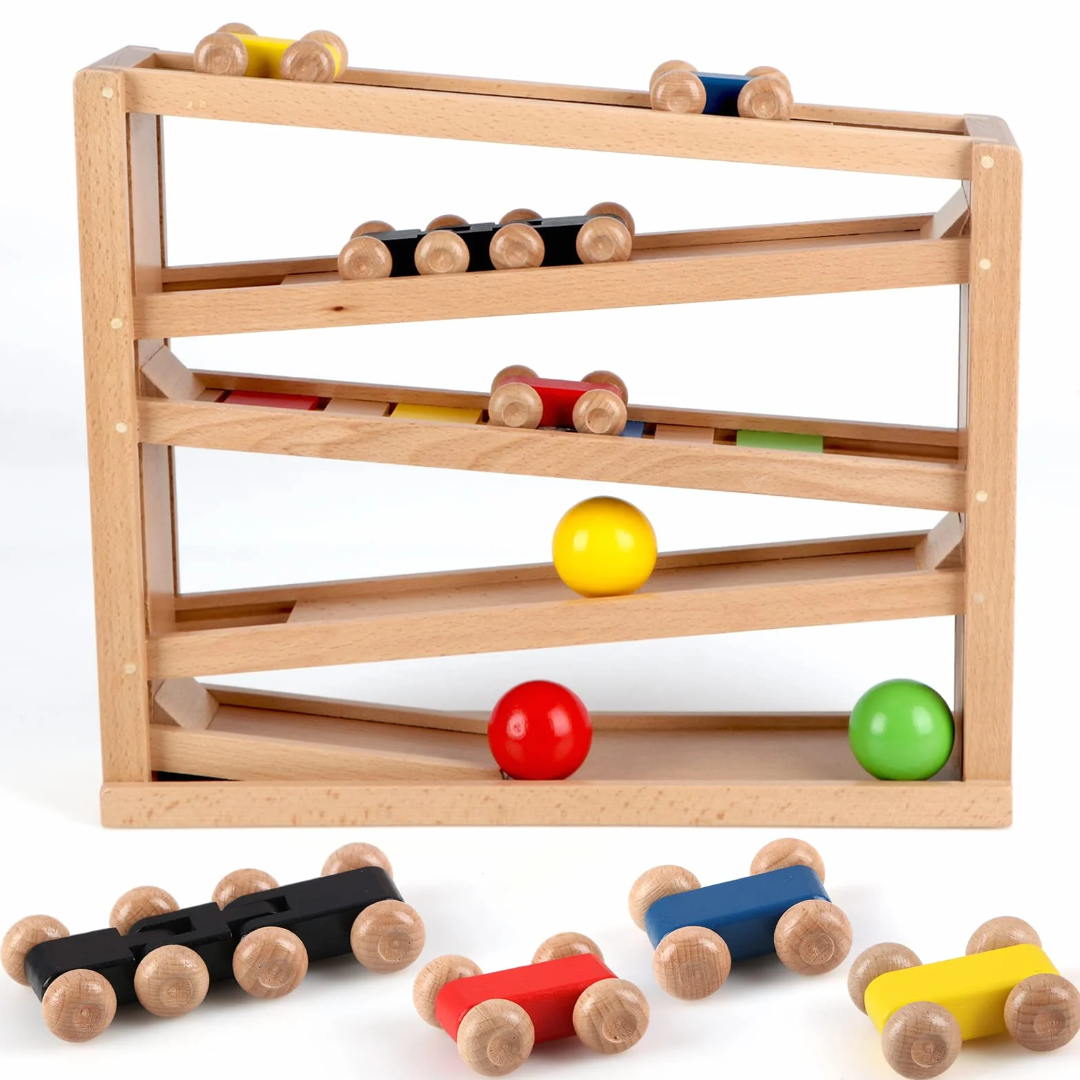 Jacootoys Drewniany samochód Rampa Marmur Run Gra Racing Track 5 Warstwy Racer Zestaw zabawek 4 Samochody 3 Piłki Prezent dla Dzieci Chłopcy Dziewczyny