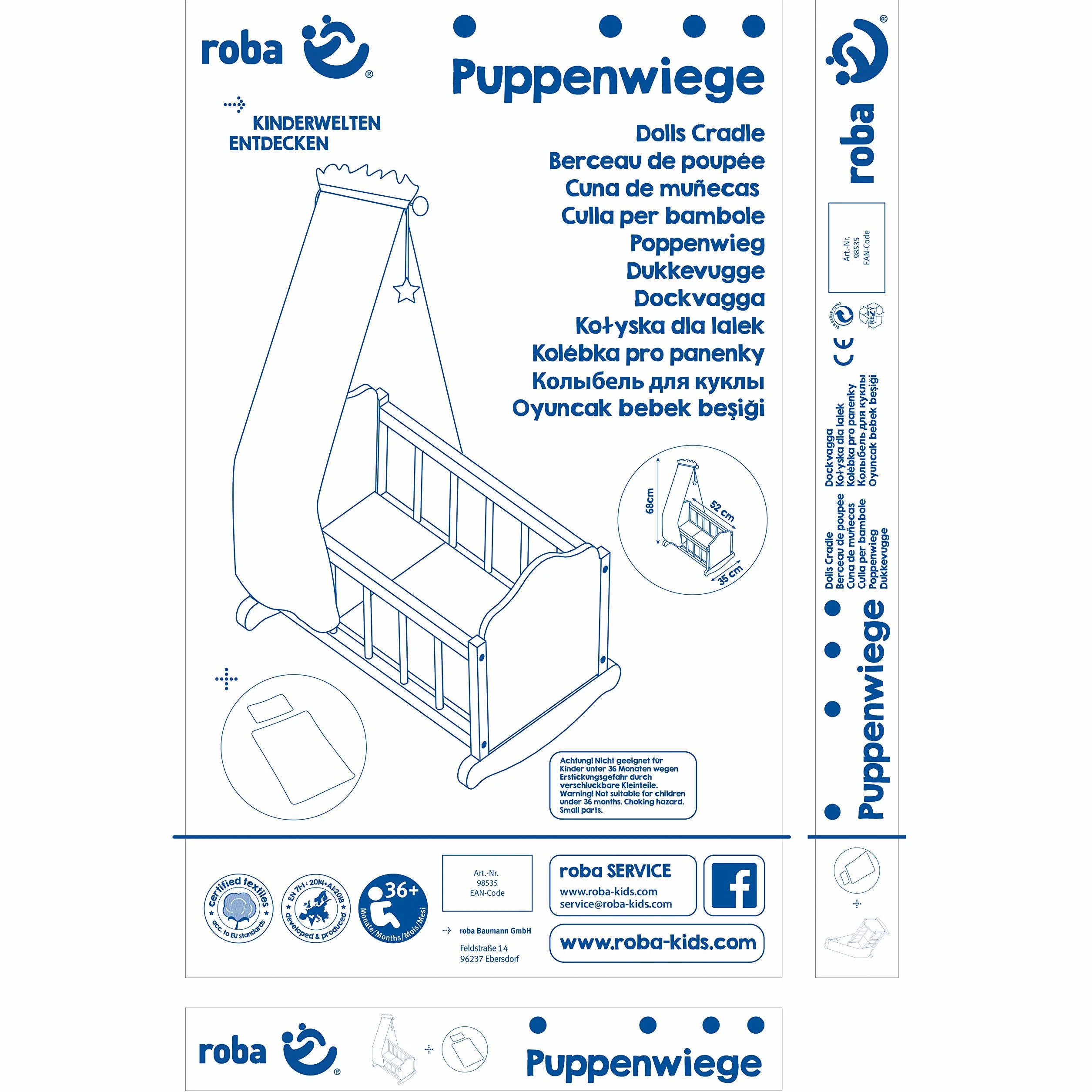 Roba 98535 Kołyska dla Lalek, Biały, 3 Sztuki