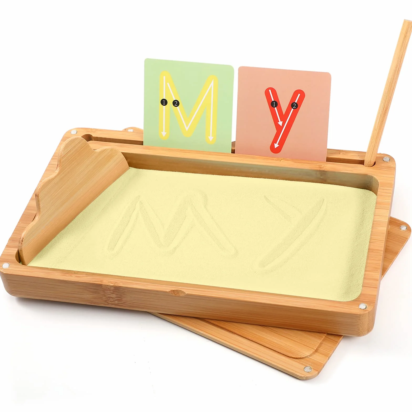 AtMini Montessori Piaskowy Tablet Drewniana Zabawka do Nauki Liter i Rysunków Rozwoju Motorycznego (Żółty)