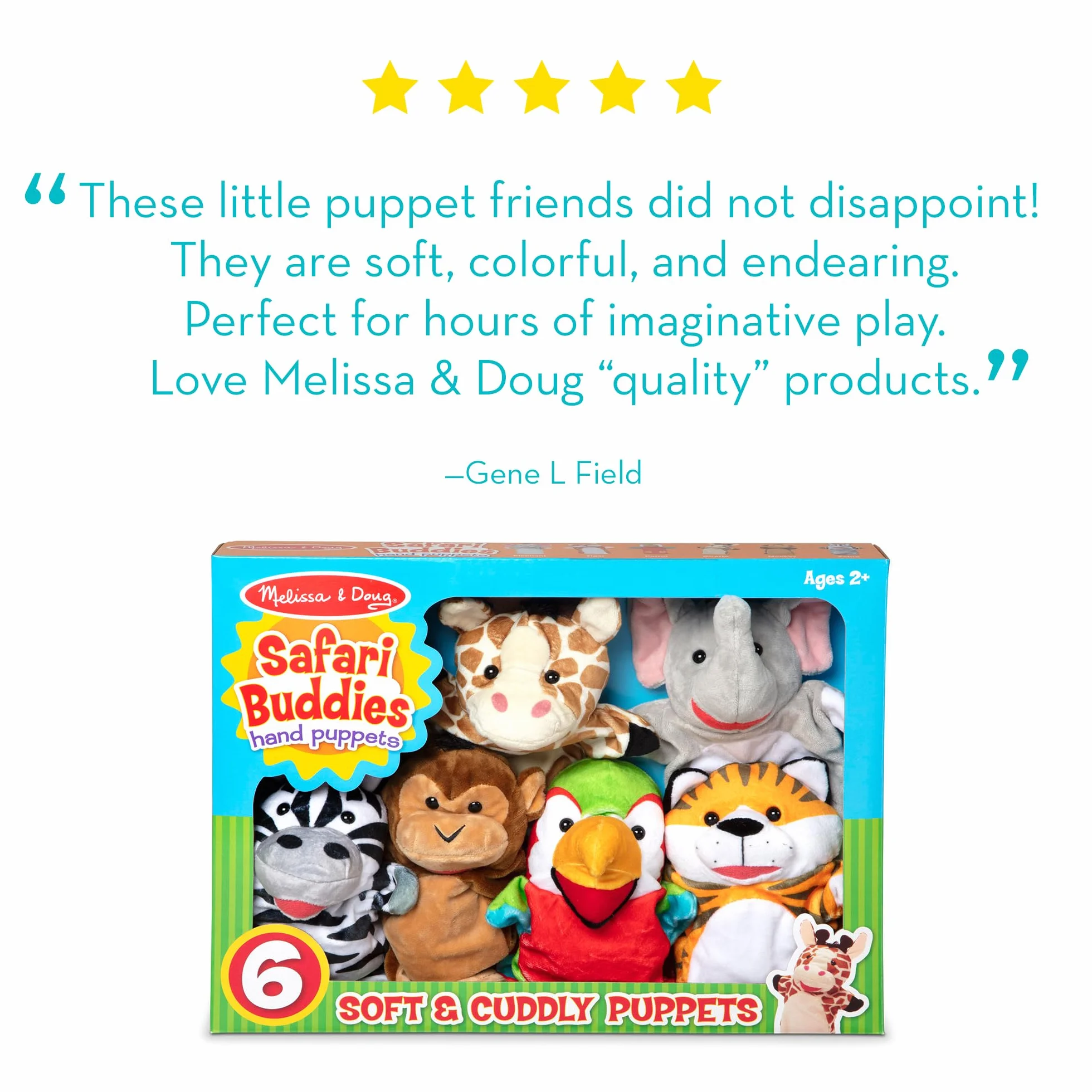 Melissa & Doug Safari Buddies ręczne kukiełki, zestaw 6 szt. (słoń, tygrys, papuga, żyrafa, małpa, zebra) miękkie, pluszowe zwierzę, kukiełki dla małych dzieci i dzieci w wieku od 2 lat