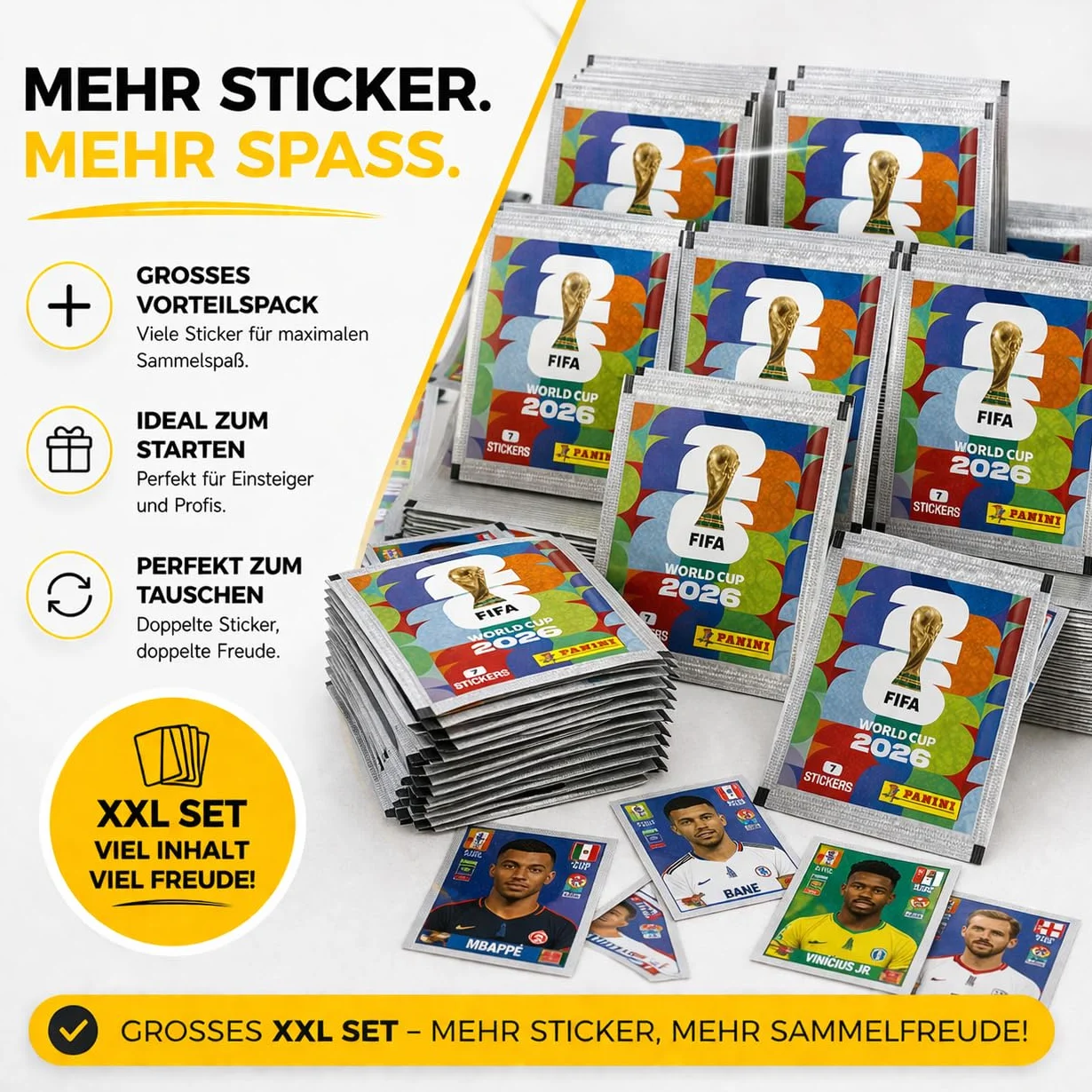 Naklejki kolekcjonerskie XXL na MŚ 2026 – naklejane naklejki Panini Mistrzostwa Świata Extra 1 x plan meczów (pakiet własnych marek) (100 torebek / 700 pojedynczych torebek z naklejkami)