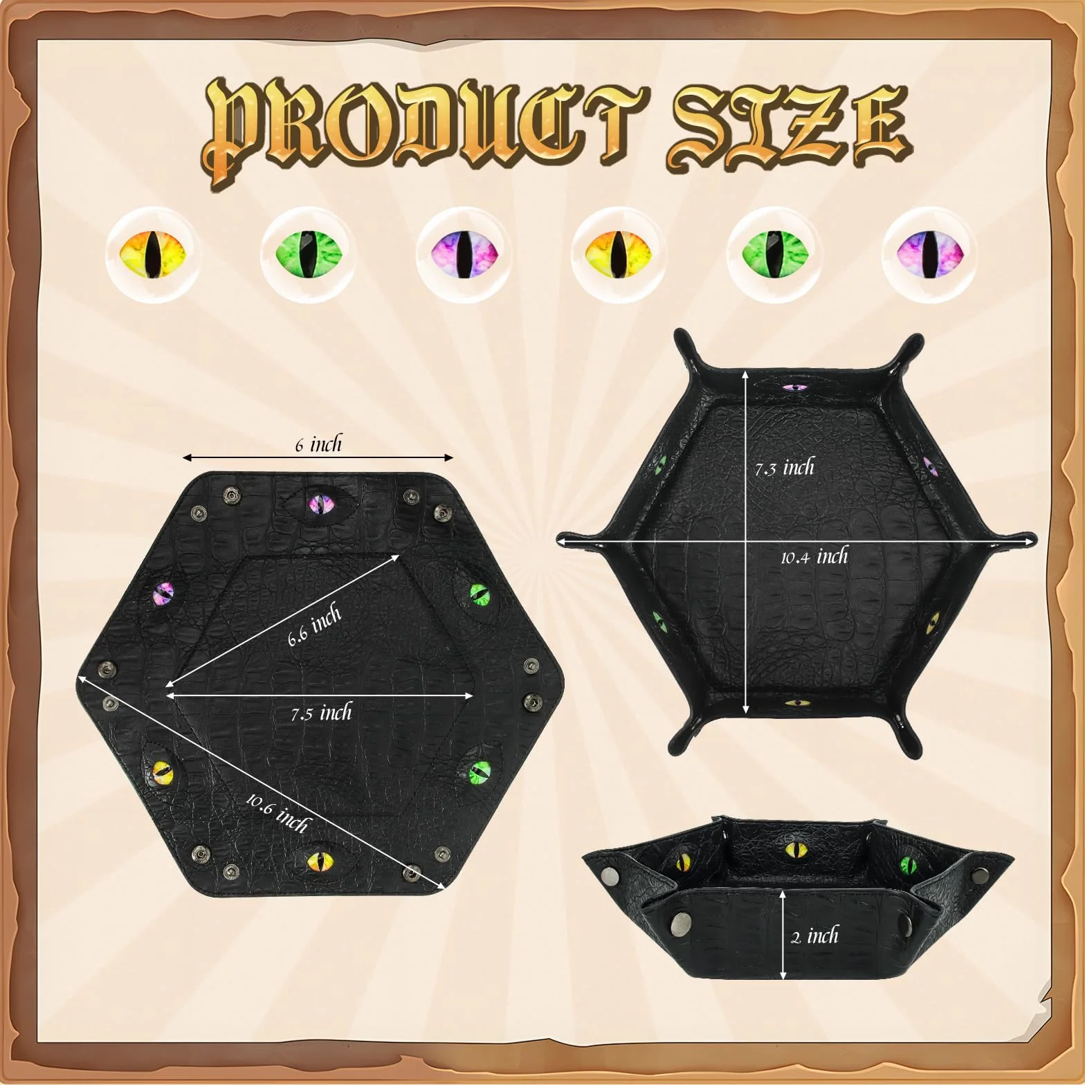 Byhoo 3-częściowy zestaw tacek na kości z krokodylem, składana sześciokątna taca na kości świecące w ciemności, idealna do gier RPG, DND i gier stołowych (czarna, fioletowa, czerwona)