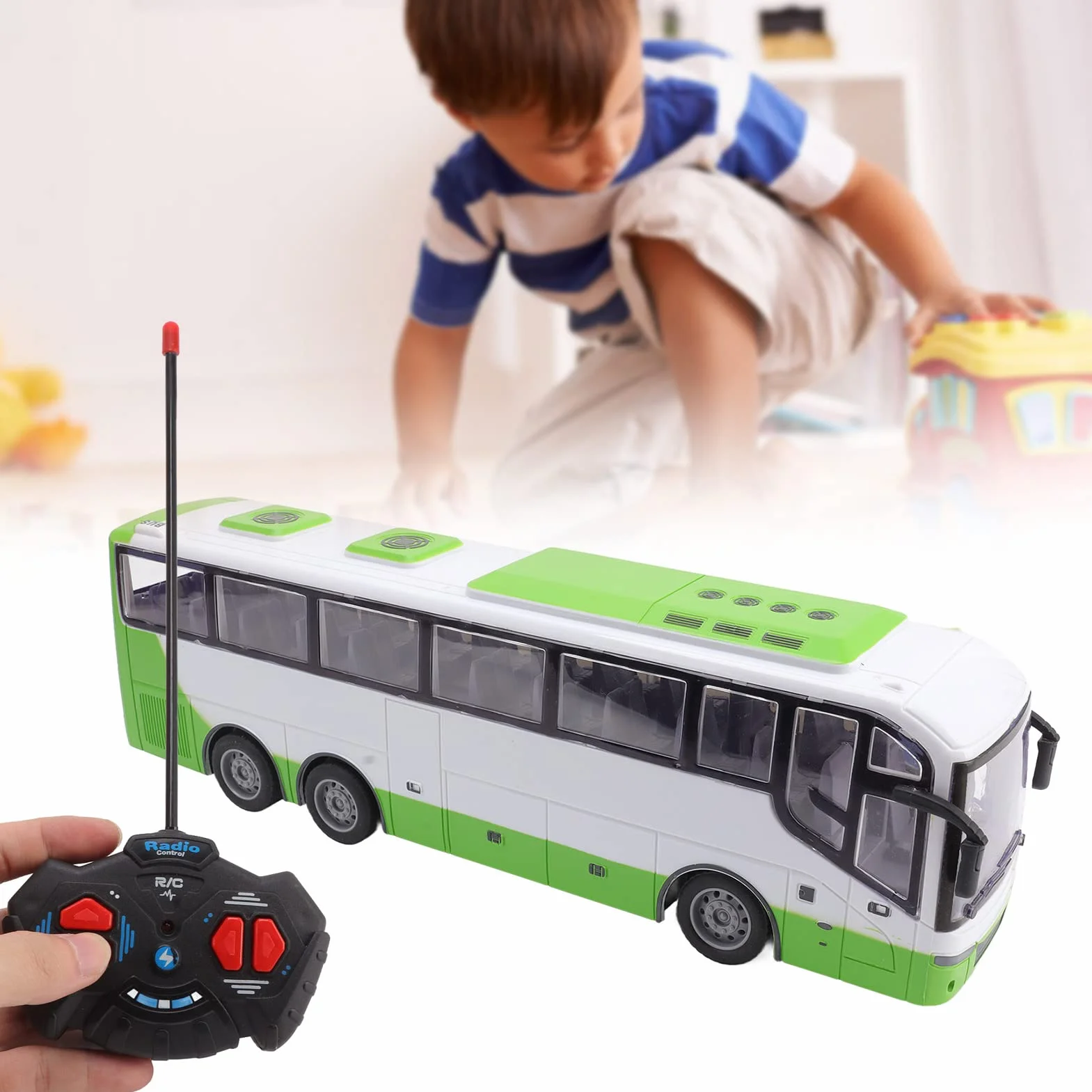 Duży 1/30 Zdalnie Sterowany Autobus Zabawki RC Model Autobusu żywa Elektryczna Symulacja Edukacyjna z Pilotem do Zabawek dla Dzieci (Biały zielony)