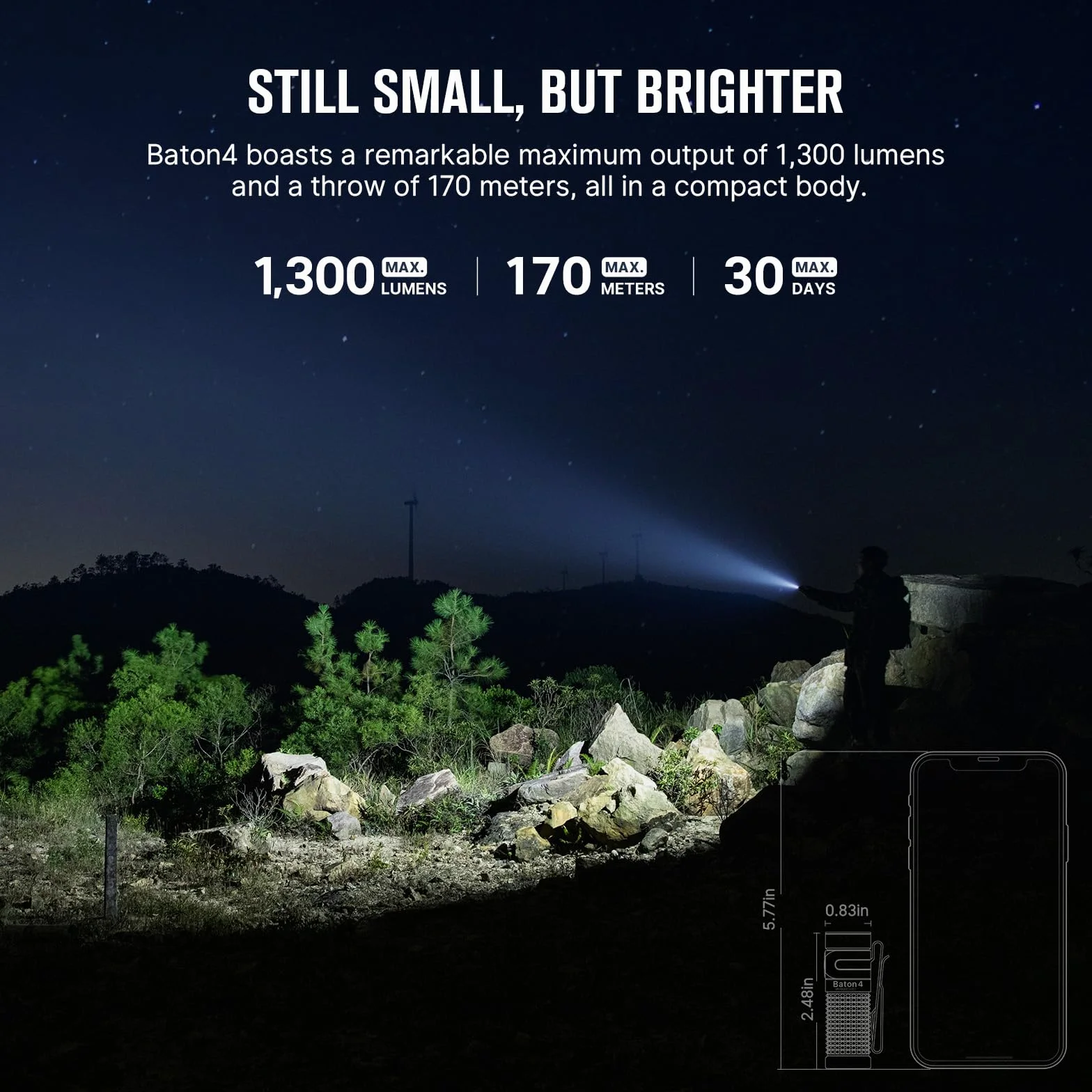 OLIGHT Baton 4 Mini latarka LED z możliwością ładowania i ściemniania, lampa ręczna o czasie działania do 190 dni, zasięg światła 1300 lm 170 m, super jasna mała latarka do codziennego użytku, IPX8