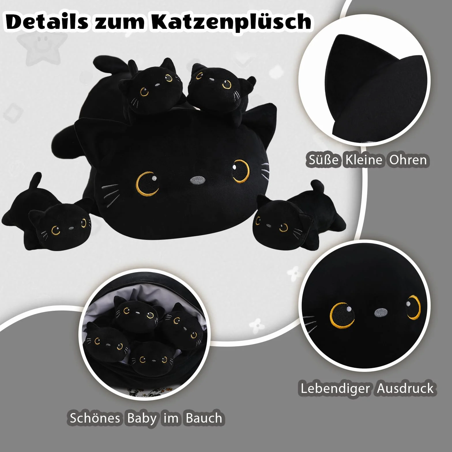 SQEQE Black Cat Plushies wypchane zwierzęta z 4 niemowlętami, śliczny czarny kot, pluszowa poduszka, miękka zabawka, prezent urodzinowy dla dziewcząt, chłopców