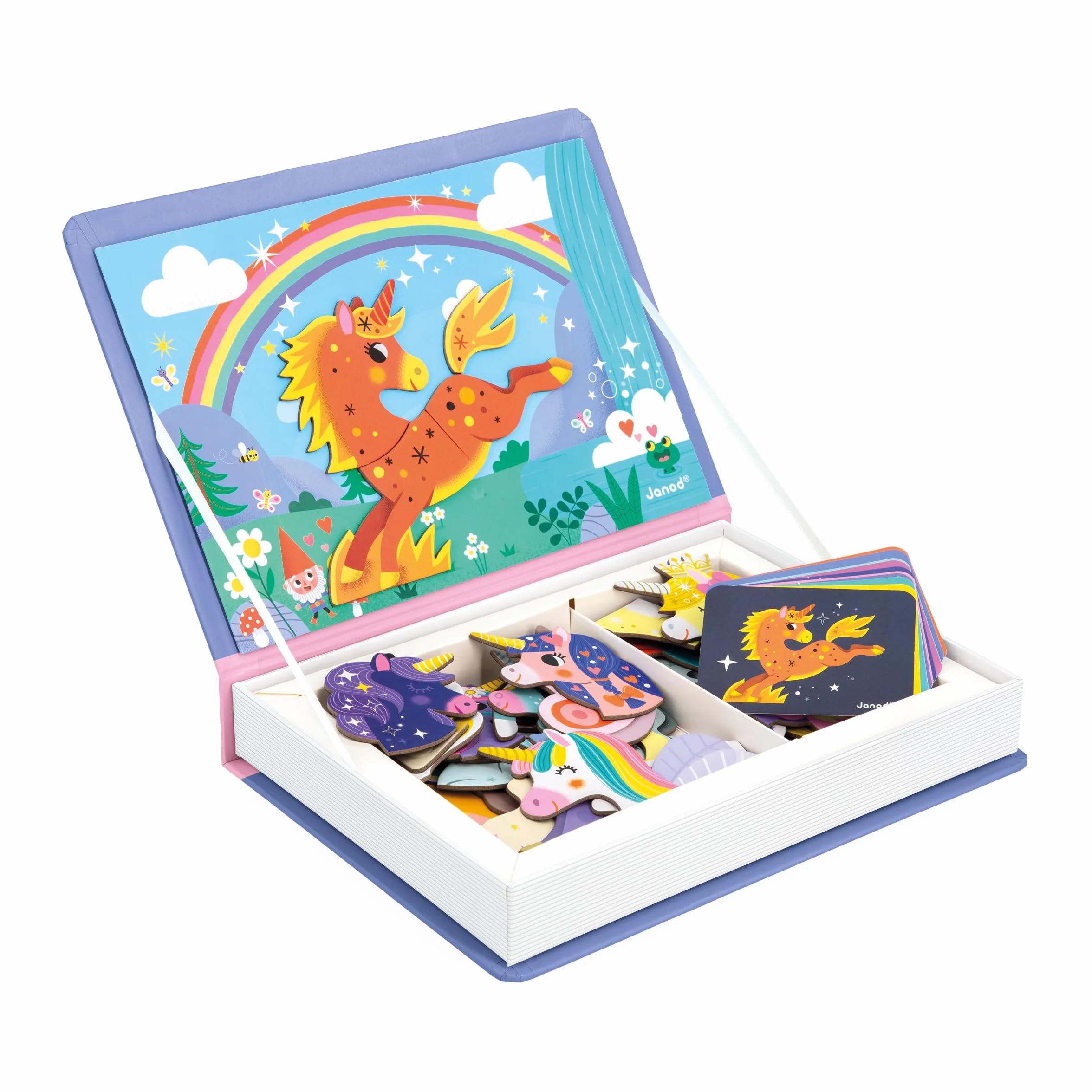 Janod J02584 Magnéti'Book magnetyczna zabawka edukacyjna z motywem jednorożca, 44 magnesy + 10 szablonów zabawek dla dzieci z kartonu FSC, wspiera zręczność i fantazję przez 3 lata, wielokolorowa