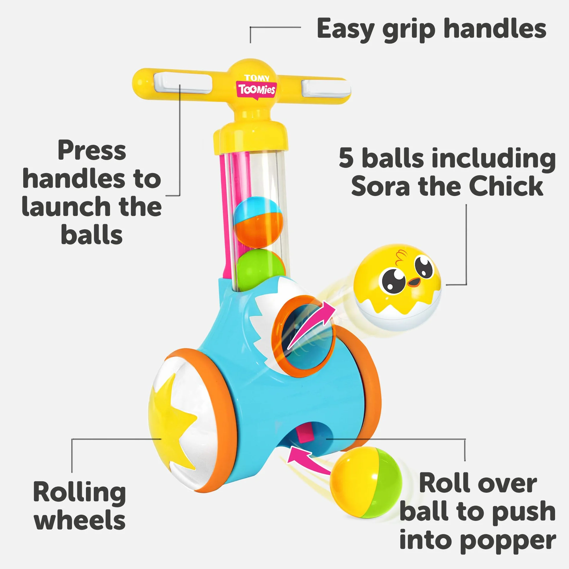 TOMY Toomies Pic and Pop Push Along Baby Toy, Toddler Ball Popper With Ball Launcher And Collector, Suitable For 18 Months, 2 and 3 Year Old Boys and Girls