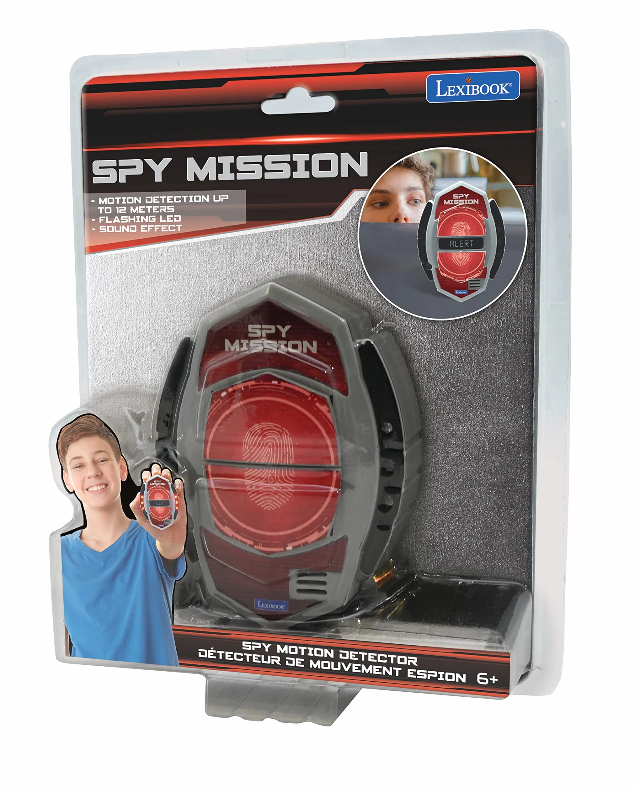 Lexibook, Spy Mission, Szpiegowski Czujnik Ruchu z Alarmem, Efekty Świetlne, Wykrywanie do 30 Centymetrów, Czarny, Czerwony, RPSPY05