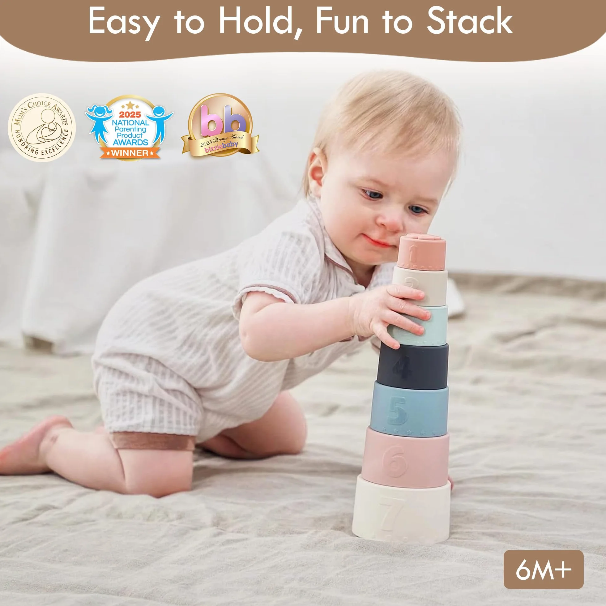 Moonkie Baby Stacking Cups Toy, zabawna edukacja układa kubka silikonowa zabawka dźwiękowa (Fine Day)