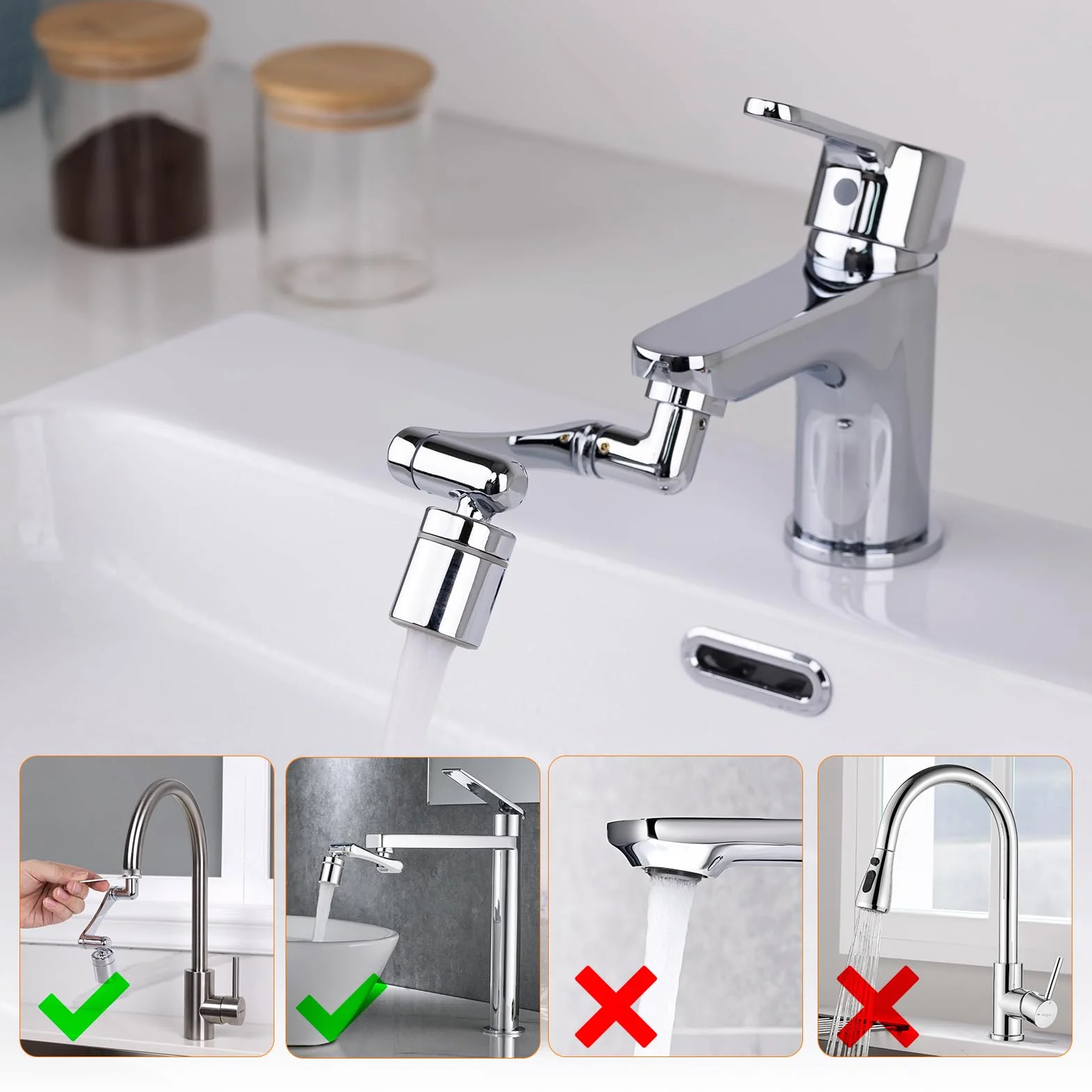 Ibergrif M91006 Obracany Aerator Baterii 1440° – Adapter Przedłużający Baterię z Mosiądzu Chromowanego z 2 Trybami Strumienia do Umywalki i Kuchni, Gwinty 20/22/24 mm Uniwersalne
