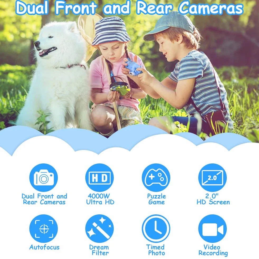 OSDUE Aparat dla dzieci,2.0-calowy wyświetlacz Aparat cyfrowy dla dzieci,1080P HD Wbudowana karta SD 32 GB Selfie Cyfrowy aparat fotograficzny,prezent urodzinowy na lata Zabawka dla dzieci (niebieska)