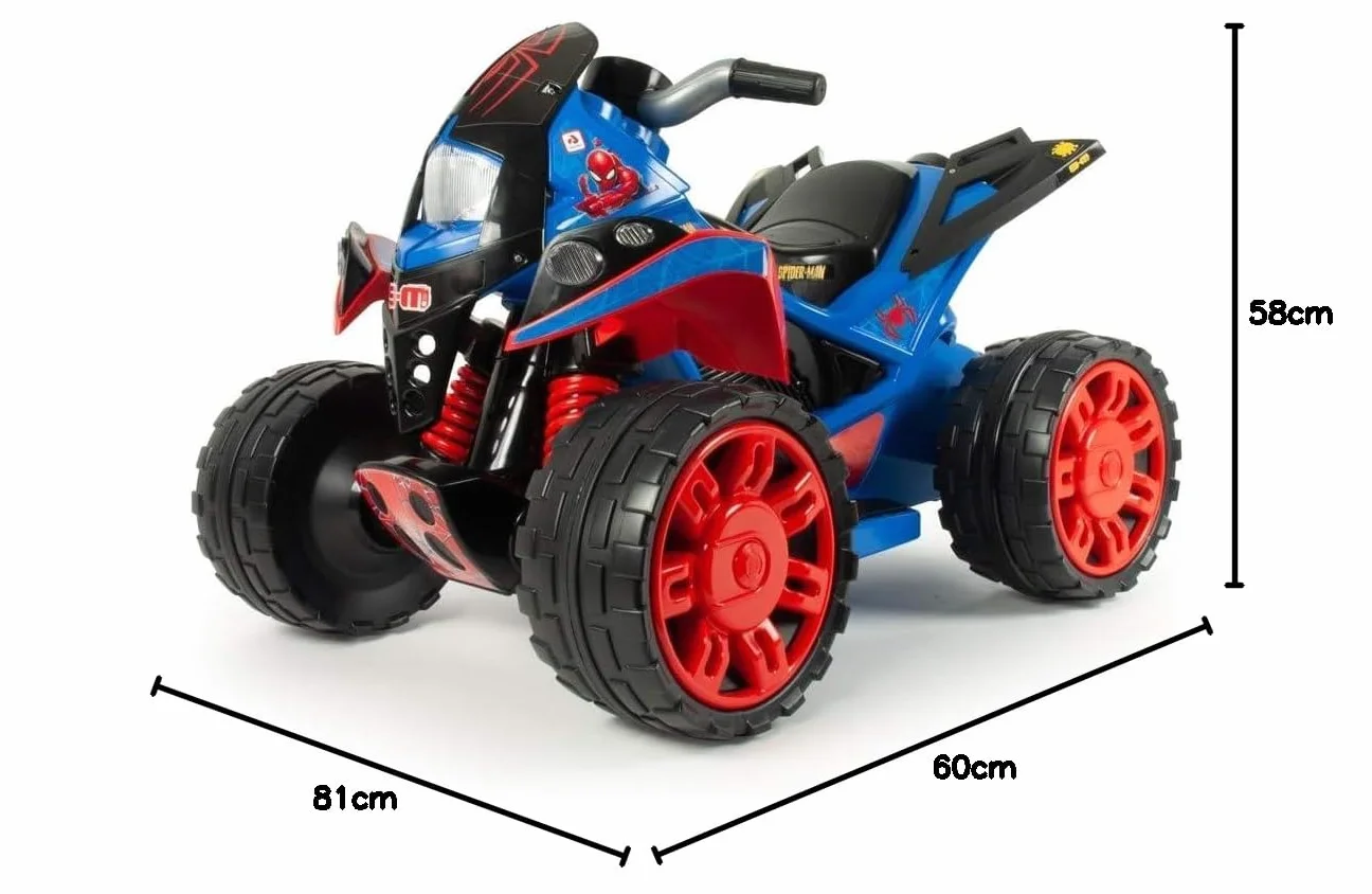 INJUSA - Quad elektryczny The Beast Spiderman, dla dzieci od 2 do 4 lat, akumulator 12 V, pedał przyspieszenia, bieg wsteczny i plastikowe koła, maksymalna prędkość 6 km/h, kolor niebieski