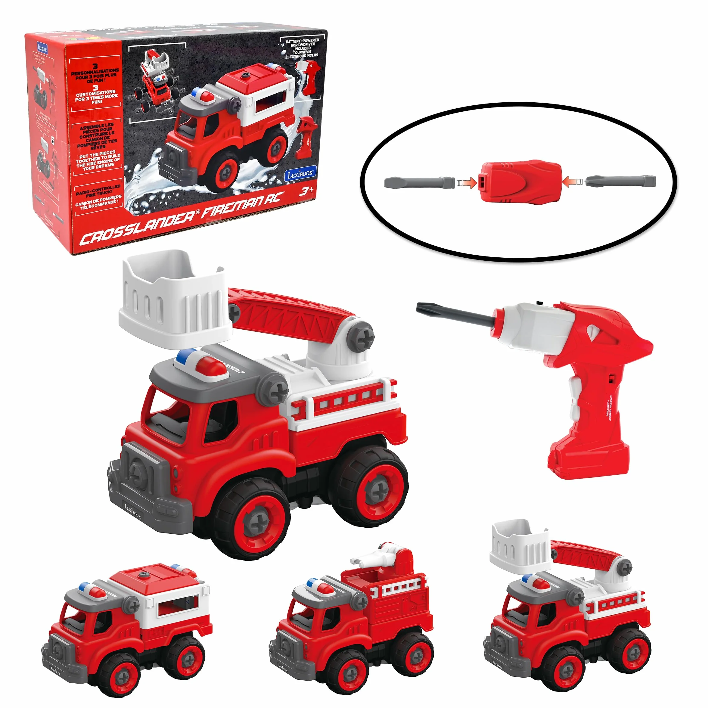 Lexibook, Crosslander Fireman Rc, Zdalnie Sterowany Wóz Strażacki do Złożenia, 3 Możliwe Konstrukcje, 33 Części, w Zestawie Śrubokręty Elektryczne i Ręczne, RCP25
