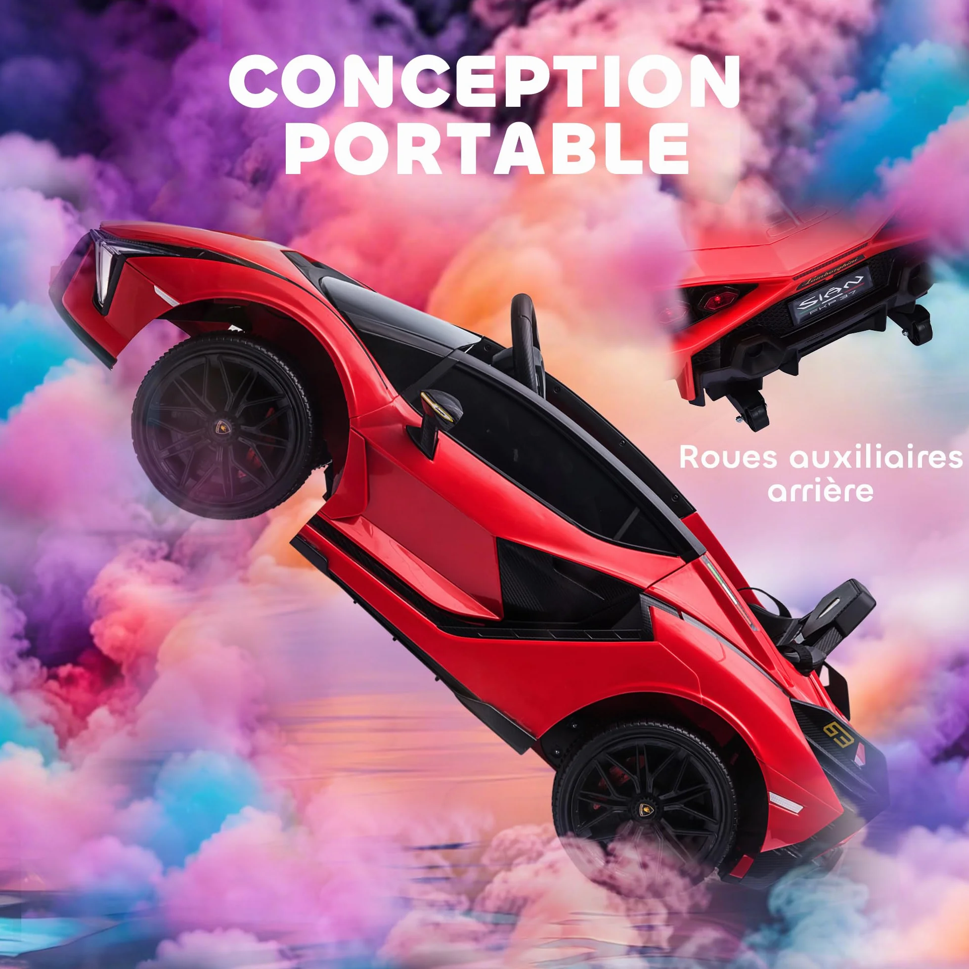HOMCOM Licencjonowany samochód elektryczny dla dzieci Supercar Lamborghini Sian 12 V - V. Max. 5 km/h z pilotem 2,4G Efekty dźwiękowe + czerwone światło