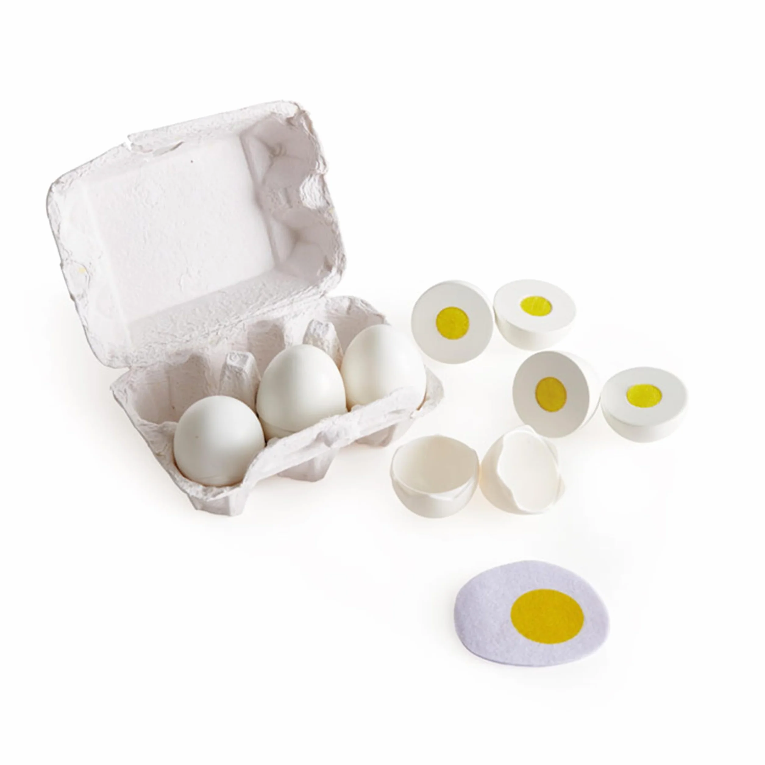 Hape Egg Carton, 3 Hard-Boiled Eggs with Easy-Peel Shell & 3 Fried Eggs, Wooden Realistic Educational Toy for Children 3+