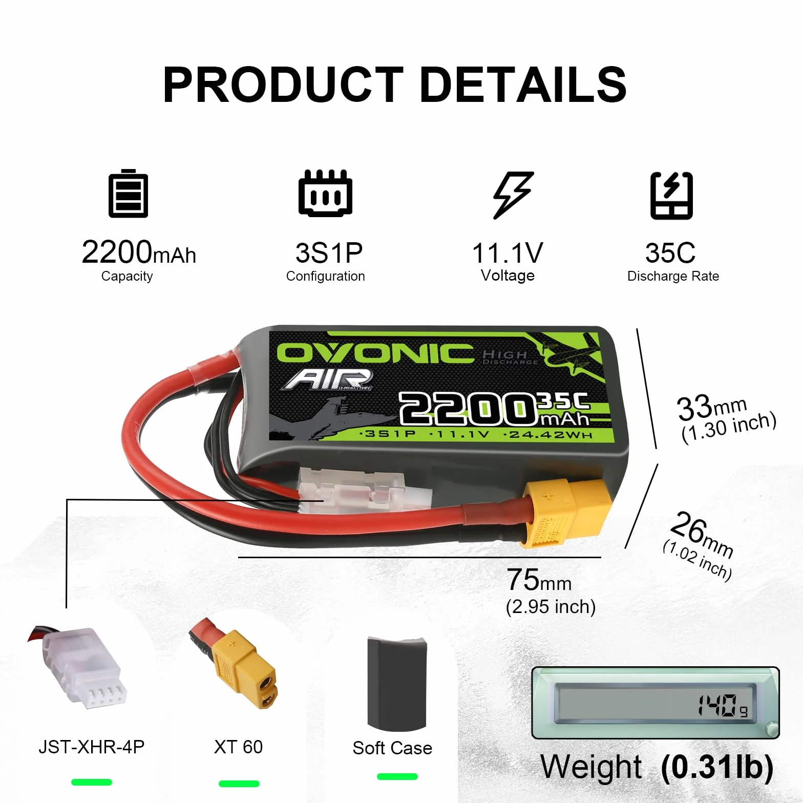 OVONIC 3S Lipo akumulator 35C 2200 mAh 11,1 V akumulator krótki zestaw z przyłączem XT60 do helikoptera samolotowego 1:14 RC Car RC samolot (1 szt.)