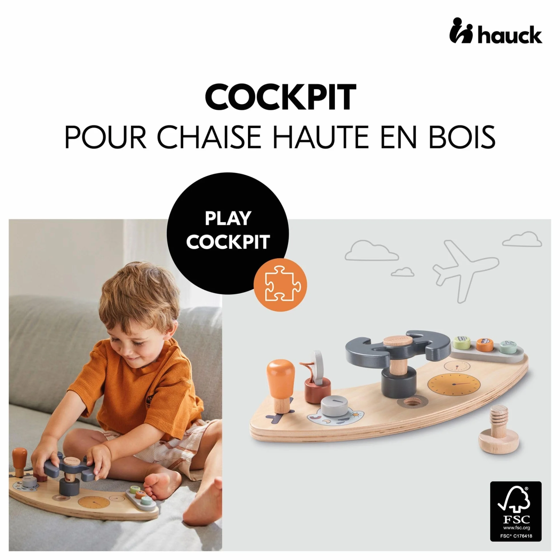 hauck Zabawka dla niemowląt, kokpit do Alpha Play Tray & Arketa Play Tray do drewnianych krzesełek Alpha+ Beta+ i Arketa 10 M + certyfikat FSC® drewno wspomaga koordynację wzrokowo-ruchową i motorykę