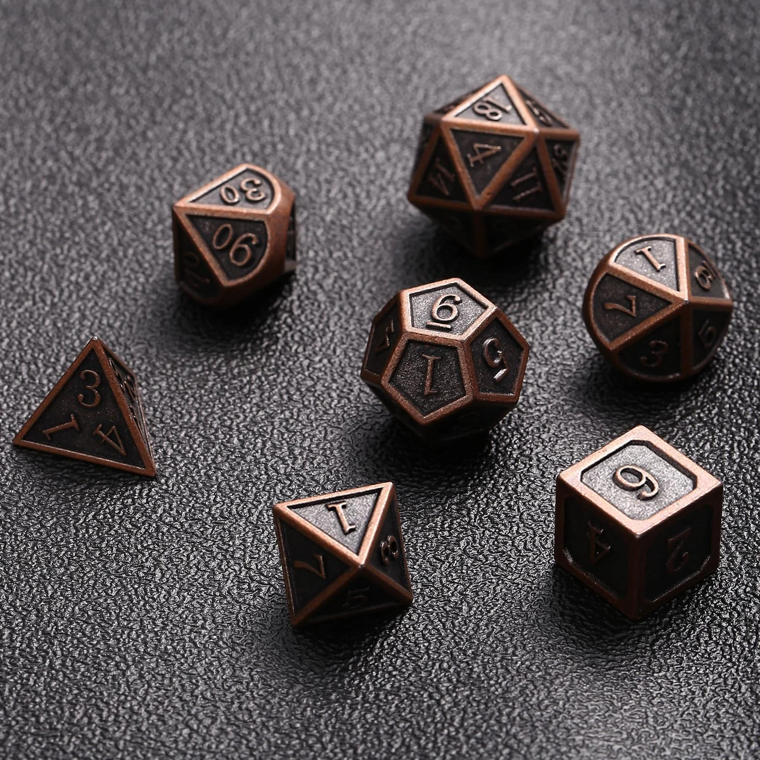 GWHOLE 7 sztuk wielościennych kostek metalowych do DND RPG MTG, antyczna miedź