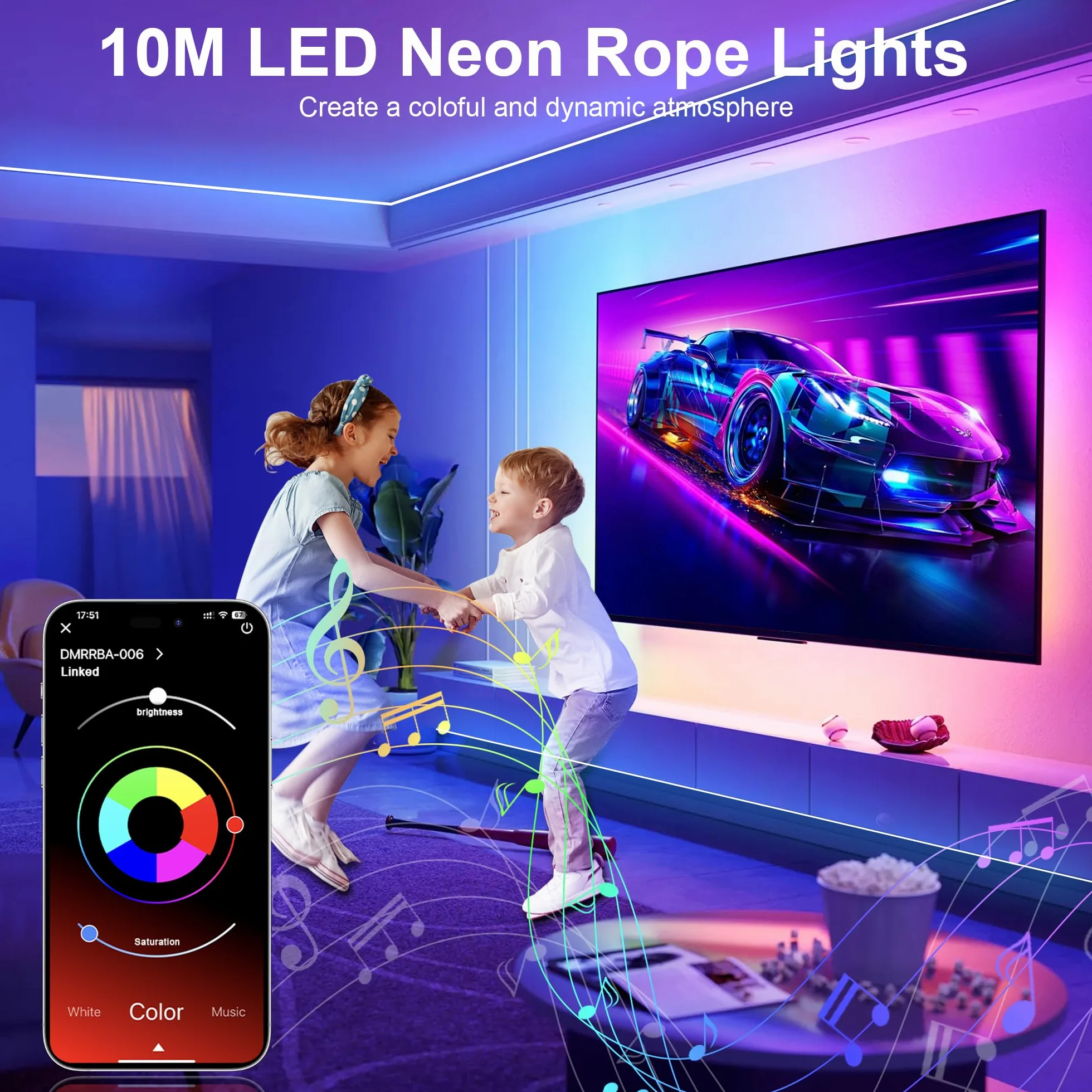 Taśma LED Neon 10M, taśma LED DIY z aplikacją/pilotem, synchronizacja muzyki, światło LED Neon do pokoju gier, wodoodporne, do wewnątrz i na zewnątrz, dekoracja pokoju