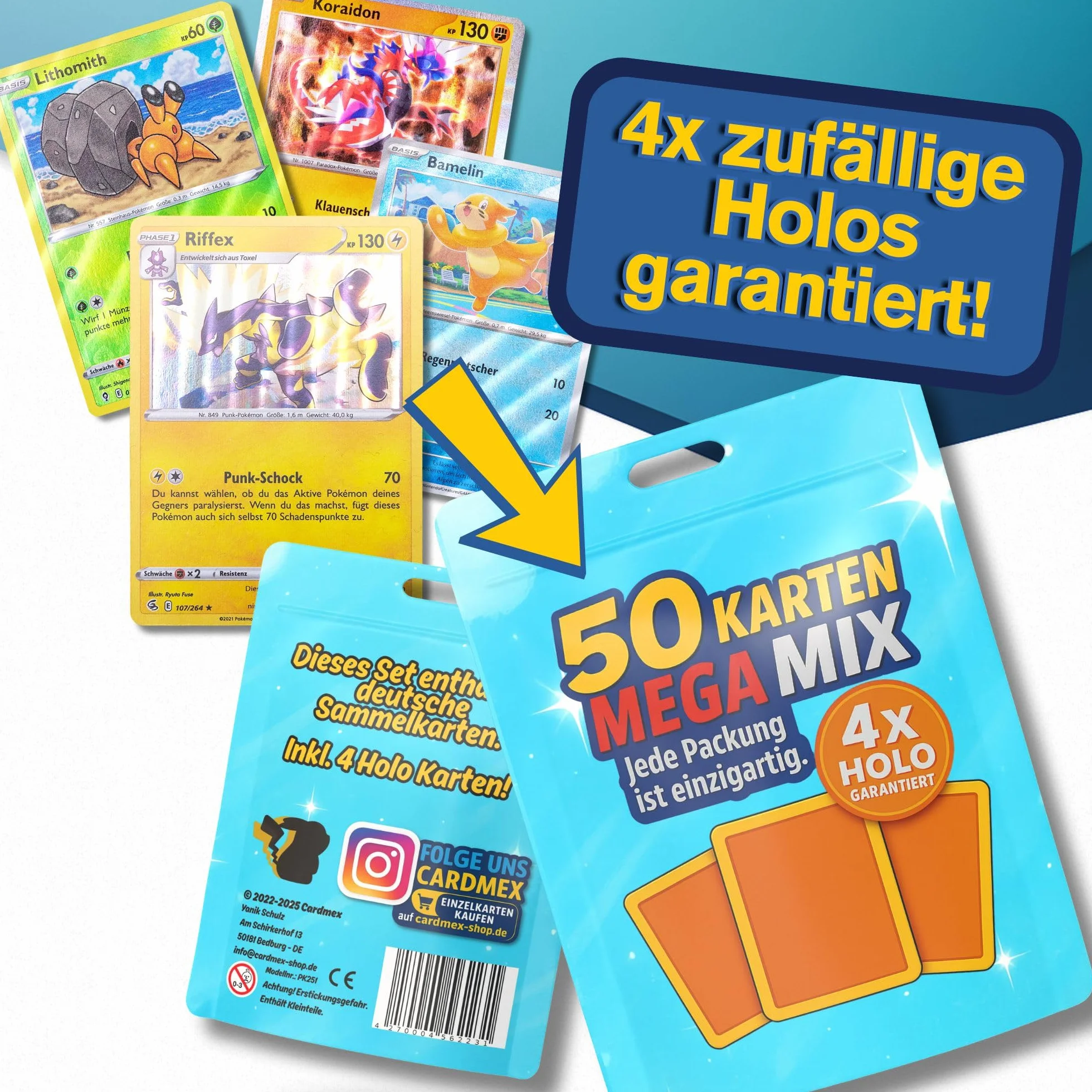 Cardmex Zestaw kart kolekcjonerskich Mega Mix – 50 różnych kart Monster & Trener w foliowych woreczkach kompatybilnych z kartami Pokémon – w zestawie 4 gwarantowanych kart Holo/Reverse Holo