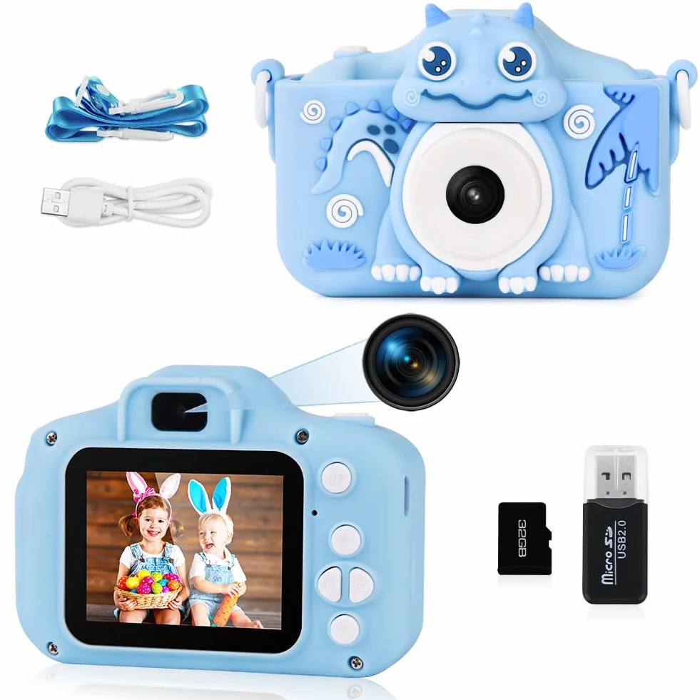 OSDUE Aparat dla dzieci,2.0-calowy wyświetlacz Aparat cyfrowy dla dzieci,1080P HD Wbudowana karta SD 32 GB Selfie Cyfrowy aparat fotograficzny,prezent urodzinowy na lata Zabawka dla dzieci (niebieska)