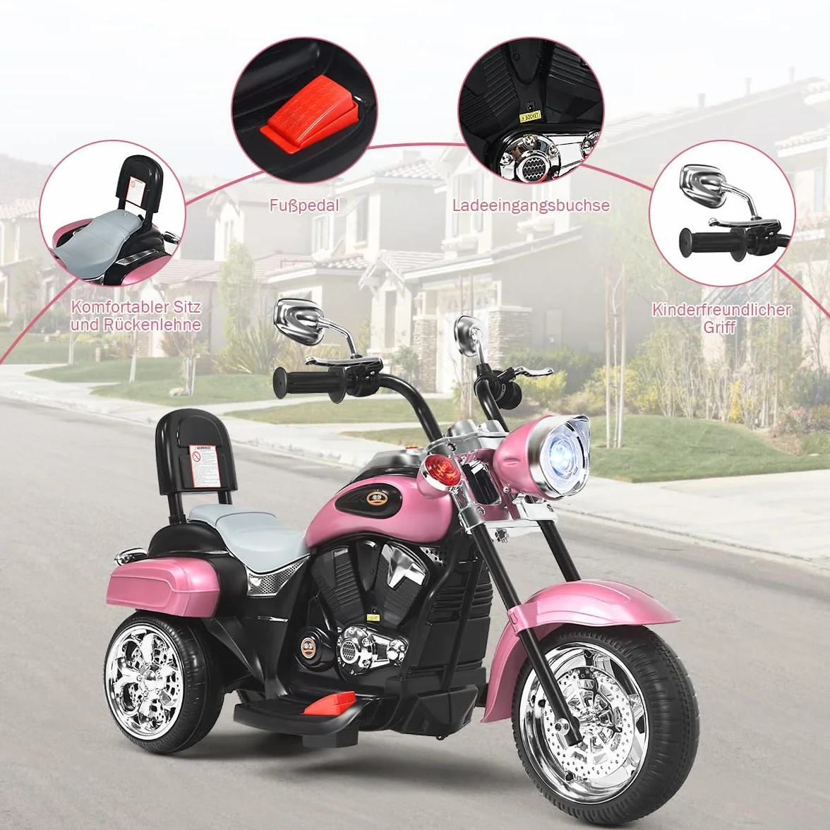 COSTWAY 6V Motocykl elektryczny dla dzieci z regulowanymi reflektorami, trójkołowy motocykl elektryczny z dźwiękiem ｜ klaksonem ｜ lusterkiem wstecznym ｜ pedałami, prędkość 2,5-3 km/h (Różowy)