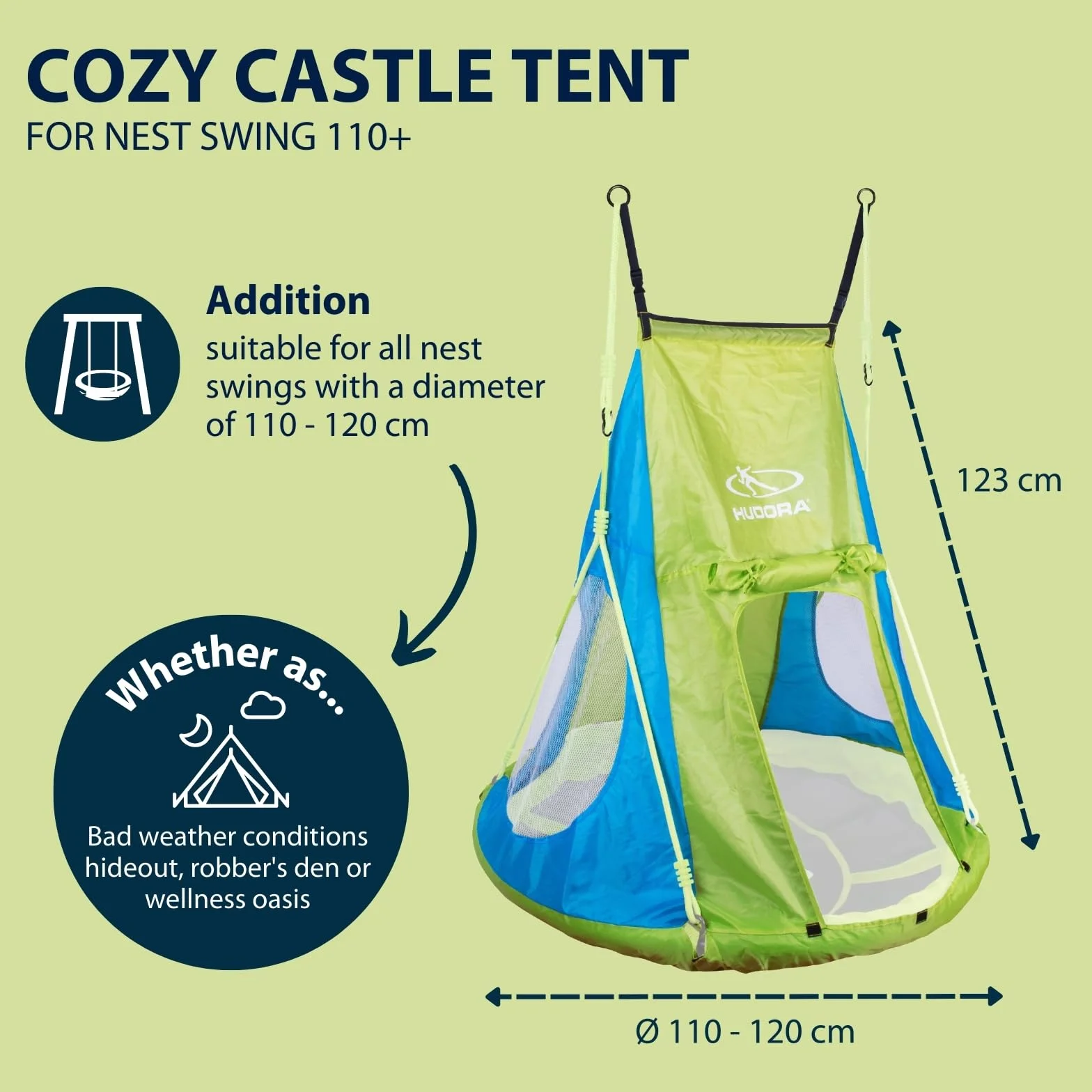 HUDORA Pokrowiec na namiot Cosy Castle – pokrowiec na huśtawkę HUDORA 90 i 110/120 w kolorze niebieskim/cytrynowym – poliester do użytku wewnątrz i na zewnątrz – zadaszenie huśtawki dla dzieci i