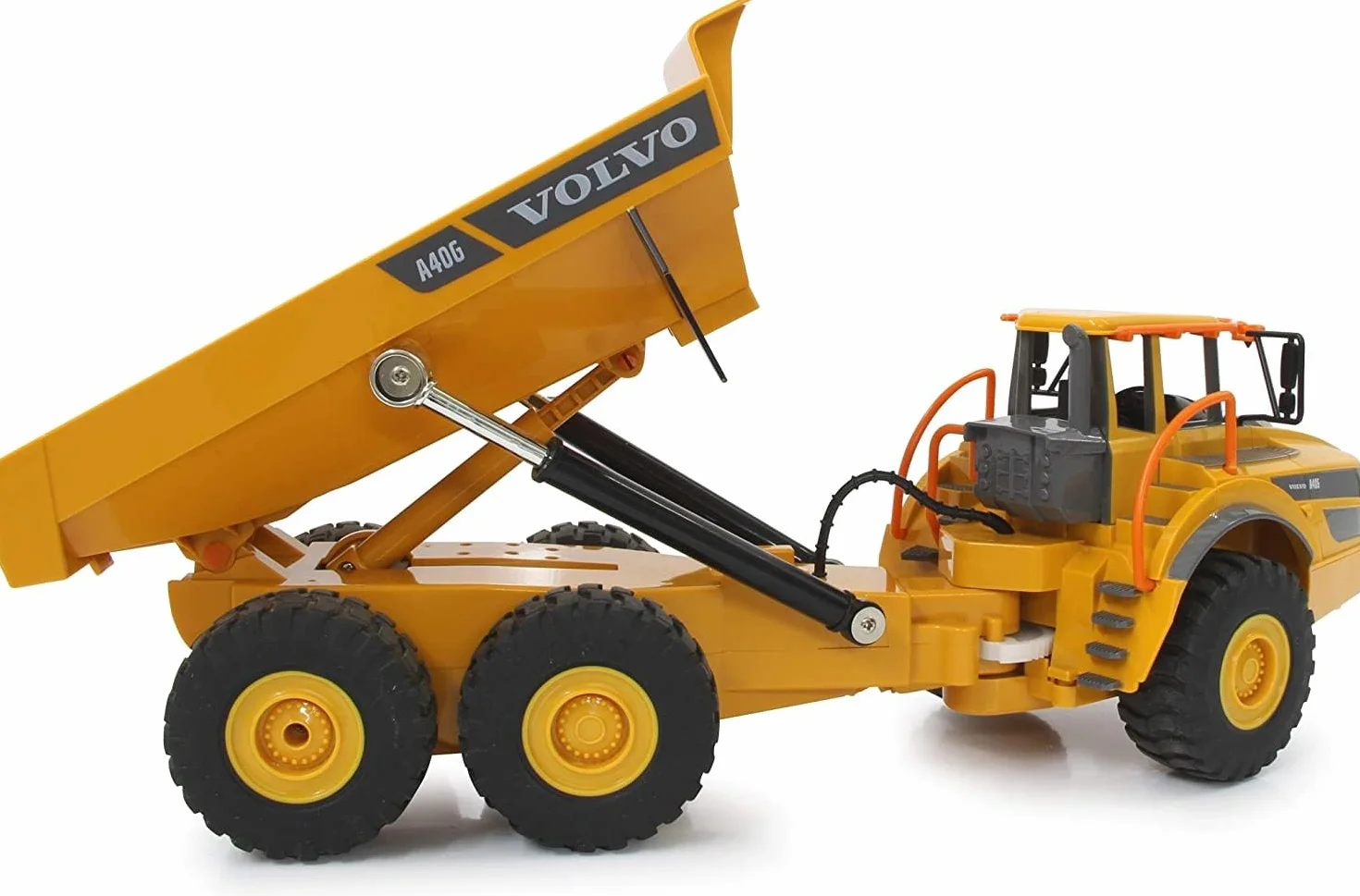 JAMARA 405056 - wywrotka Volvo A40G 1:20 2,4 GHz - wierne zginanie, wywrotka w górę/w dół, realistyczny dźwięk silnika (z możliwością wyłączenia), tryb demo, napęd na 2 koła, tryb automatycznego